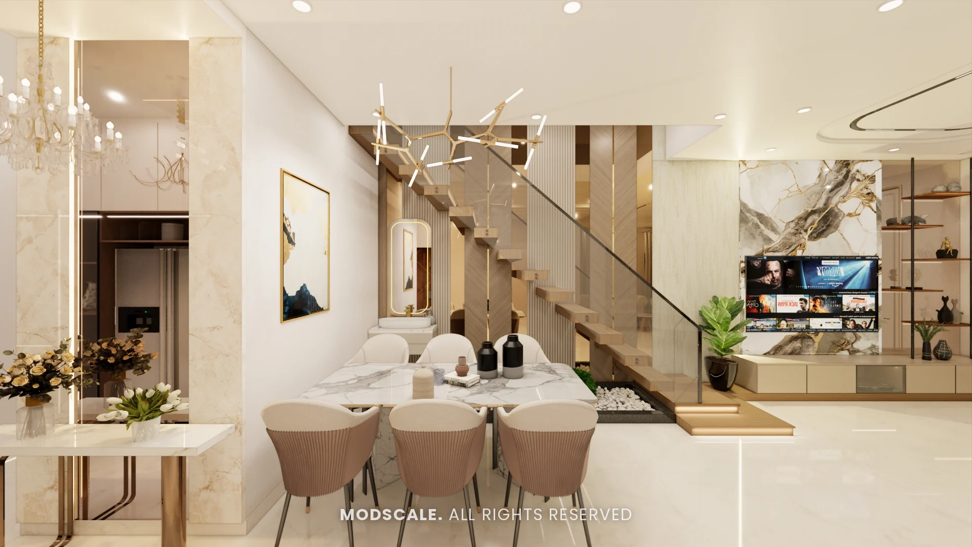 Dining table with blush chairs set between the living room and staircase