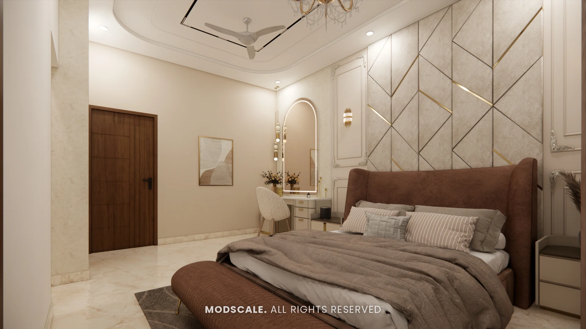 Master bedroom headboard wall with geometric panel mouldings