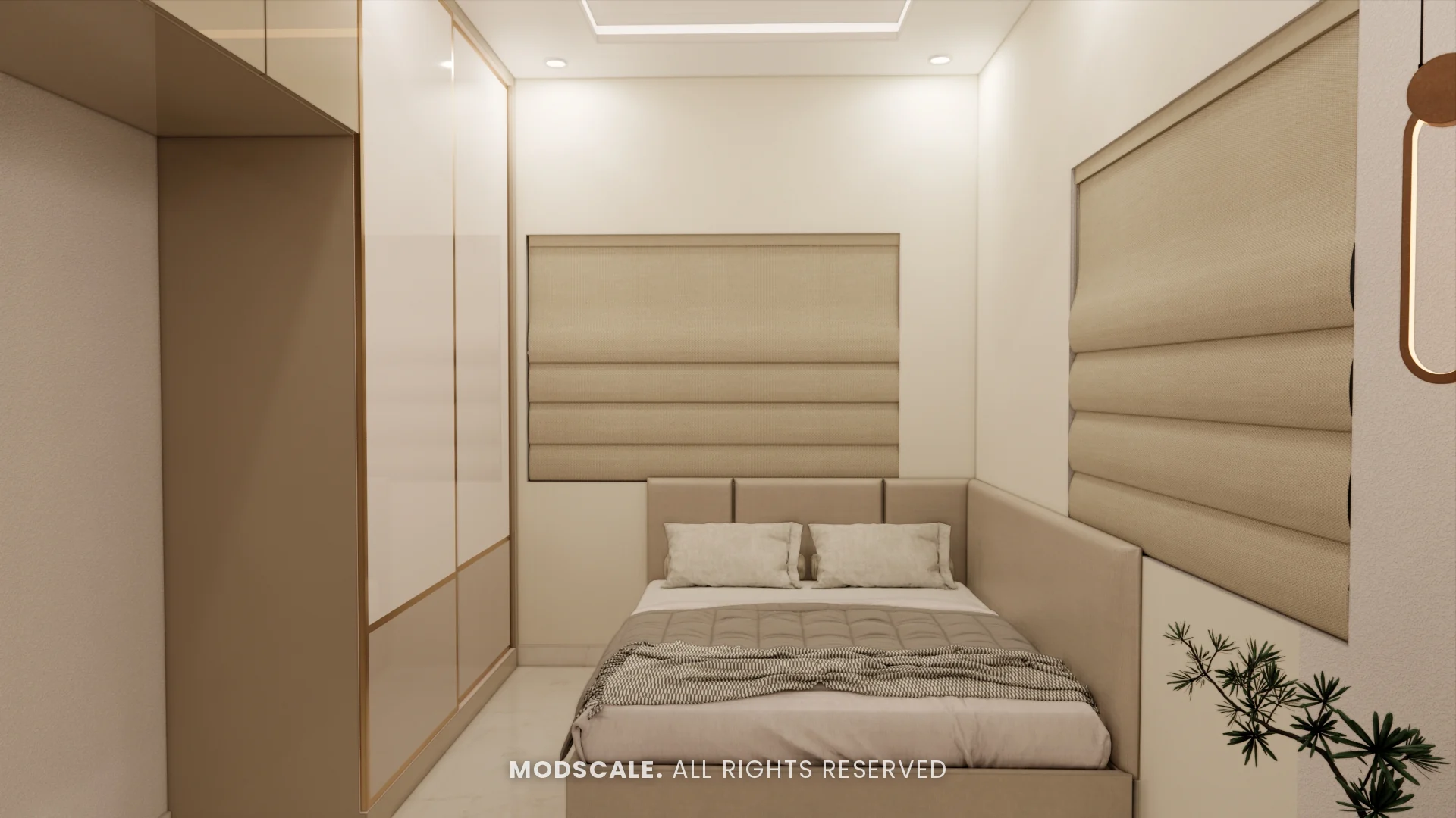 Parents bedroom with channel-tufted headboard wall and upholstered bed