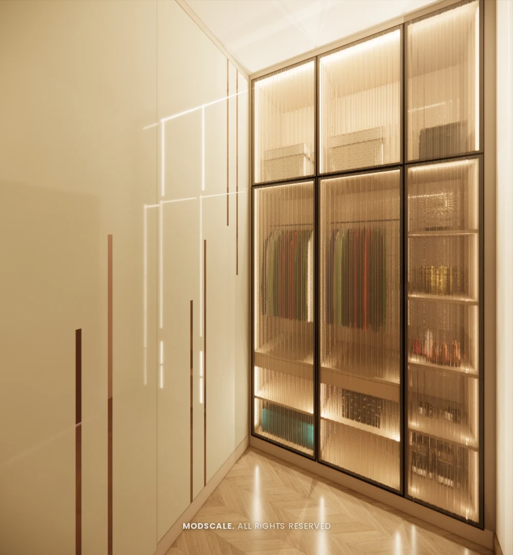 Backlit glass-shutter wardrobe in the walk-in dressing area