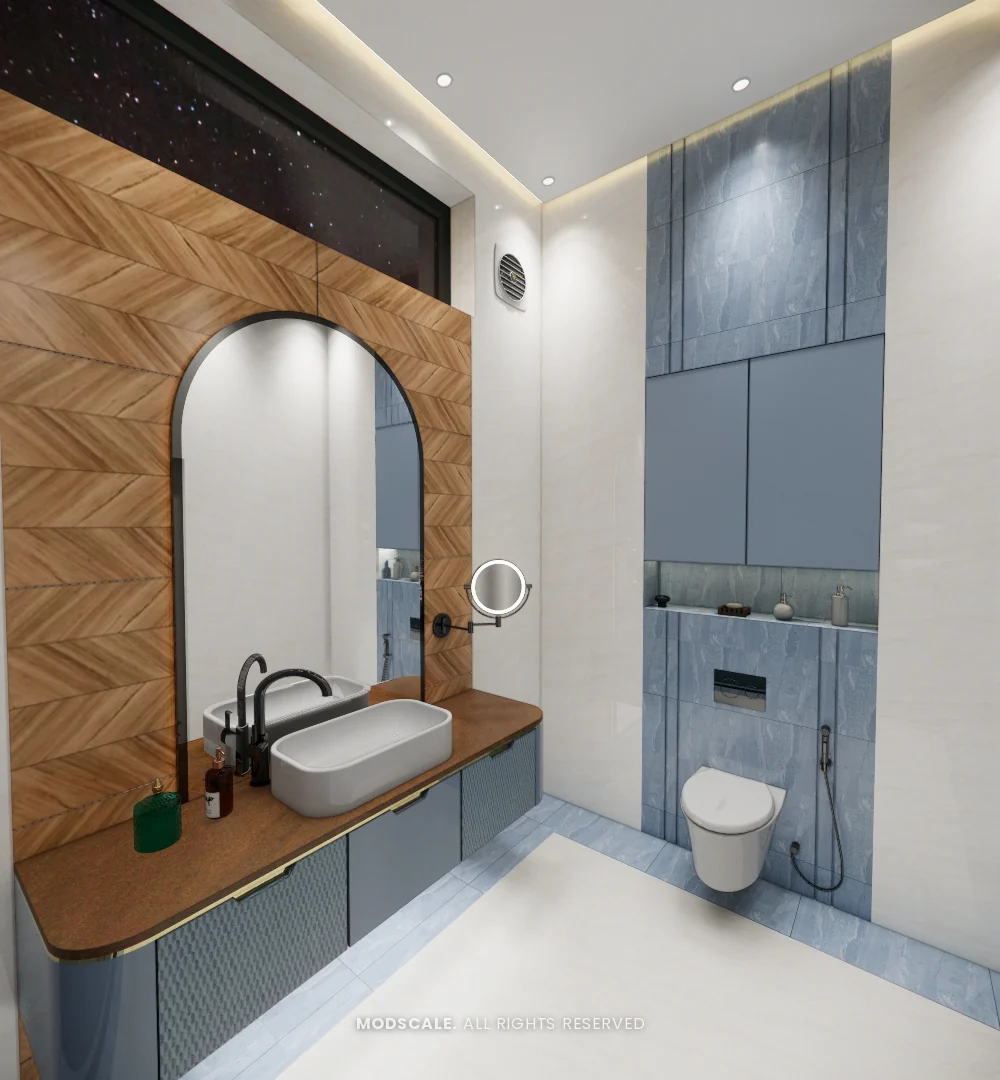 Bathroom vanity with arched mirror and copper-finish wall, Sidhartha Shankar house interior, Kanakapura Road
