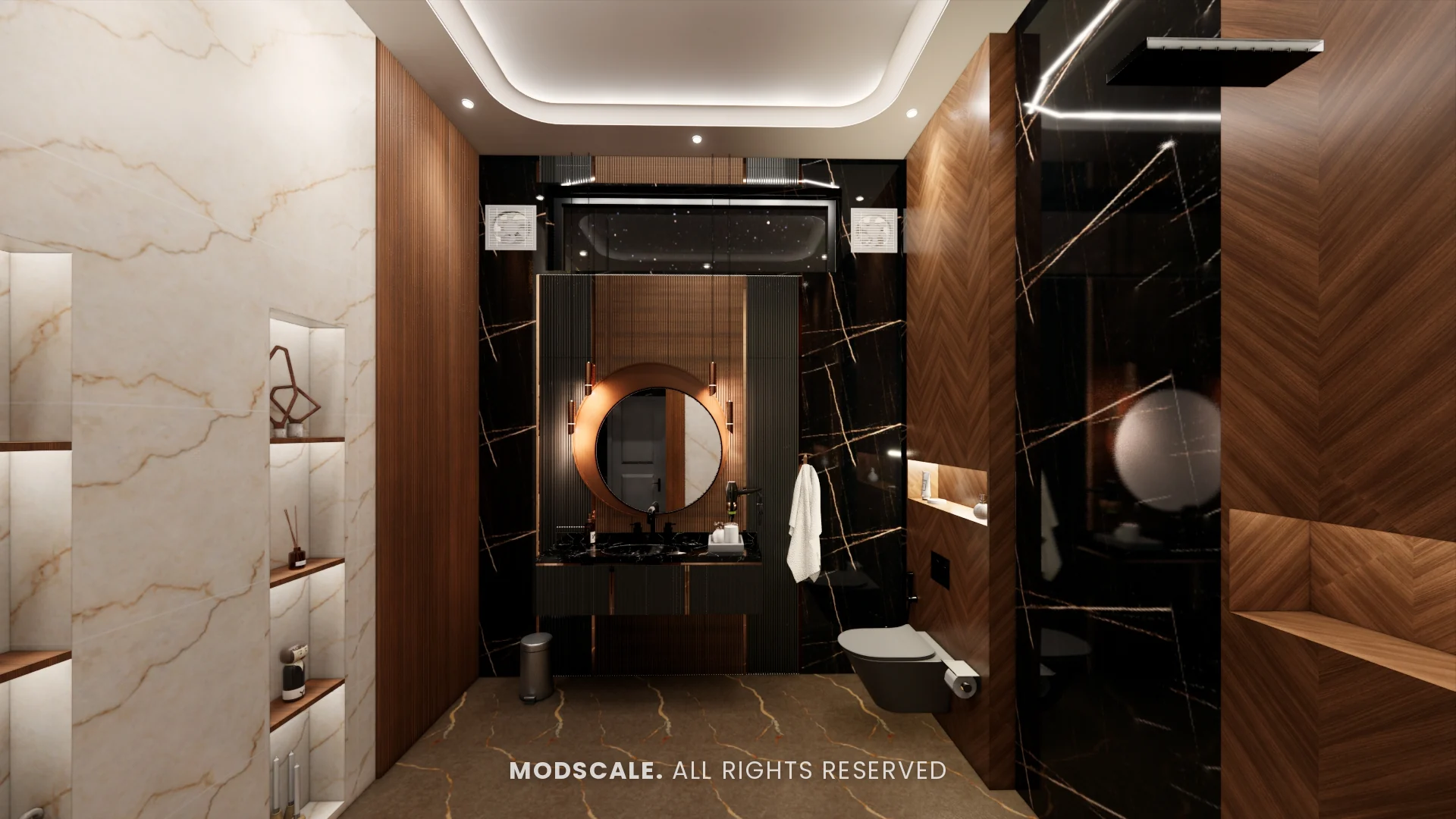 Master bathroom in black marble and walnut with round backlit mirror, Sidhartha Shankar house interior, Kanakapura Road