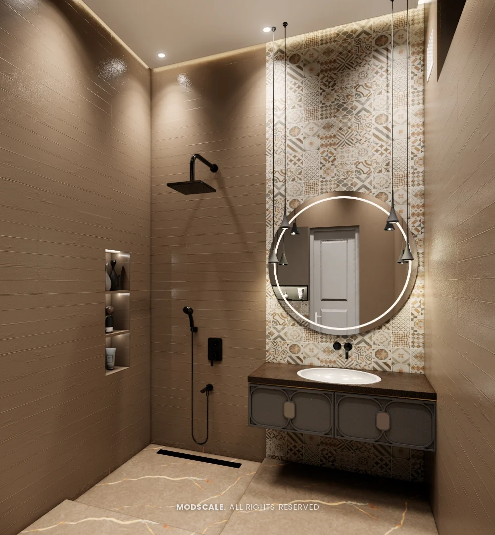 Bathroom with round mirror, dark vanity and textured stone wall, Sidhartha Shankar house interior, Kanakapura Road