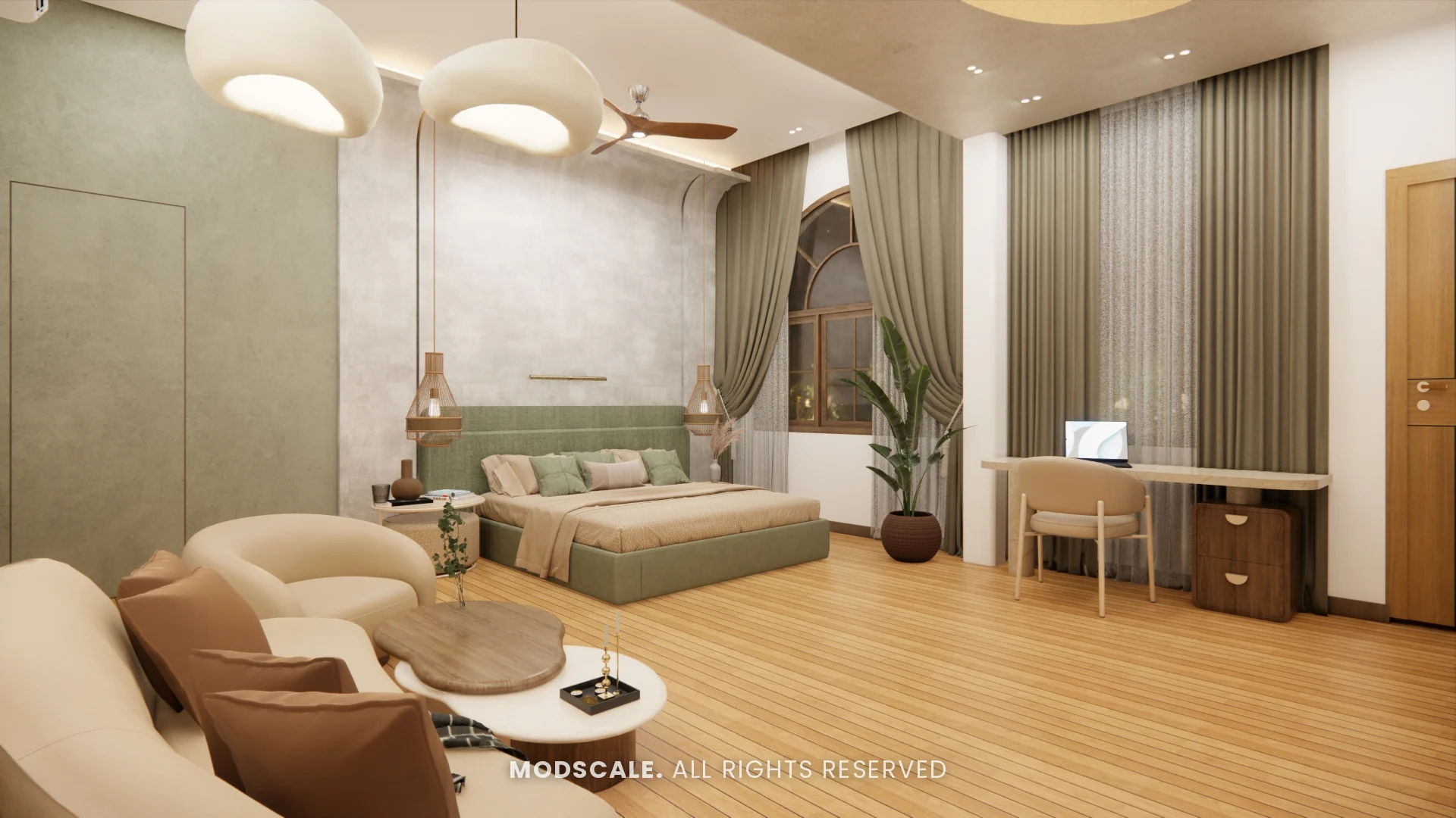Bedroom with sage green bed, curved lounge chairs and wooden flooring, Sidhartha Shankar house interior, Kanakapura Road