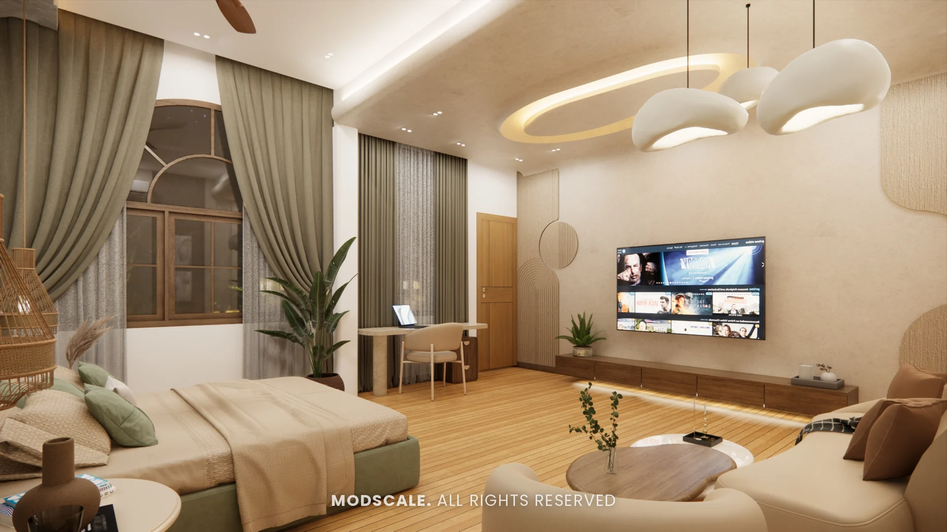 Bedroom TV wall with cloud-shaped ceiling lights, Sidhartha Shankar house interior, Kanakapura Road