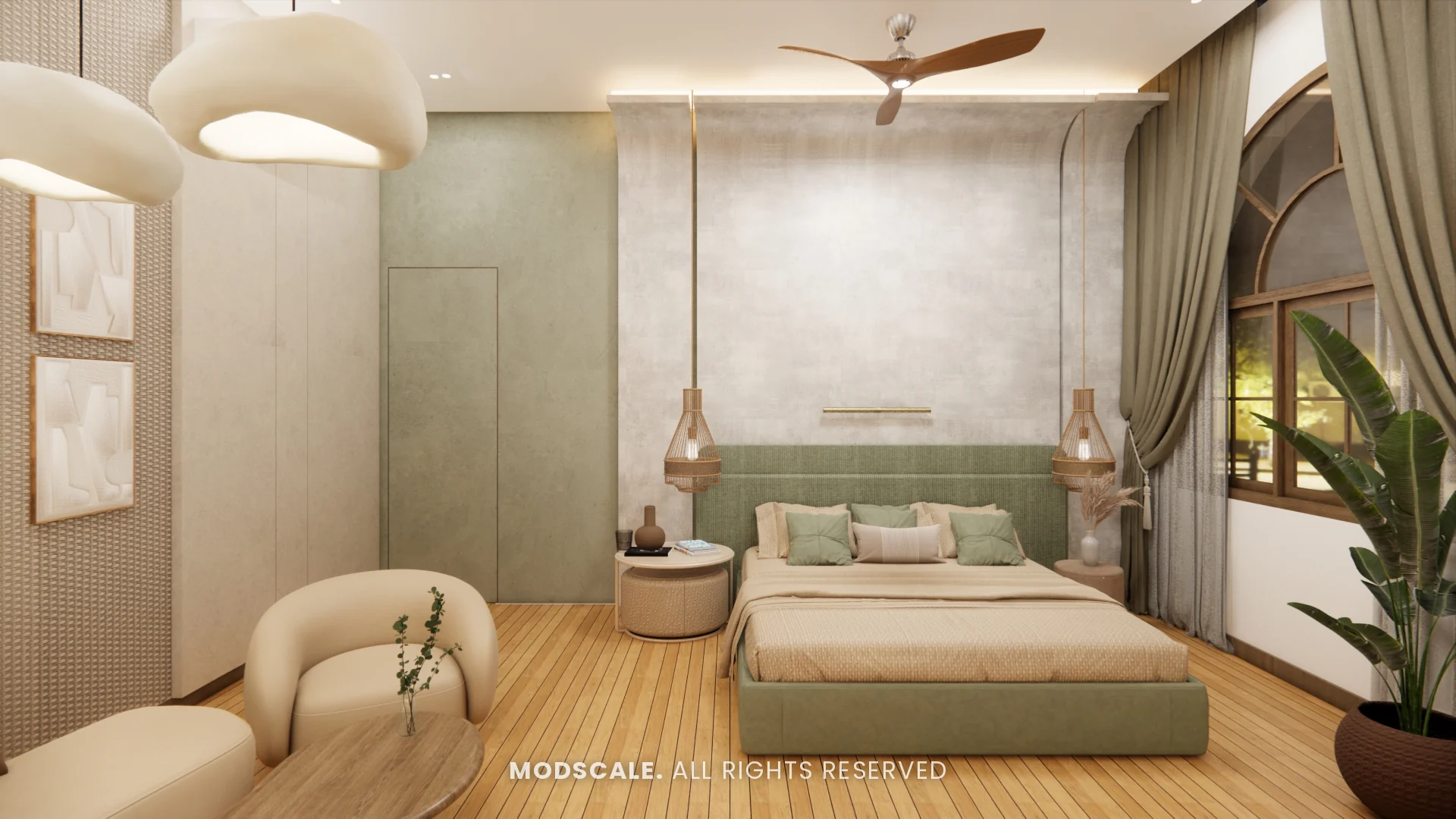 Bedroom with sage headboard and arched window, Sidhartha Shankar house interior, Kanakapura Road