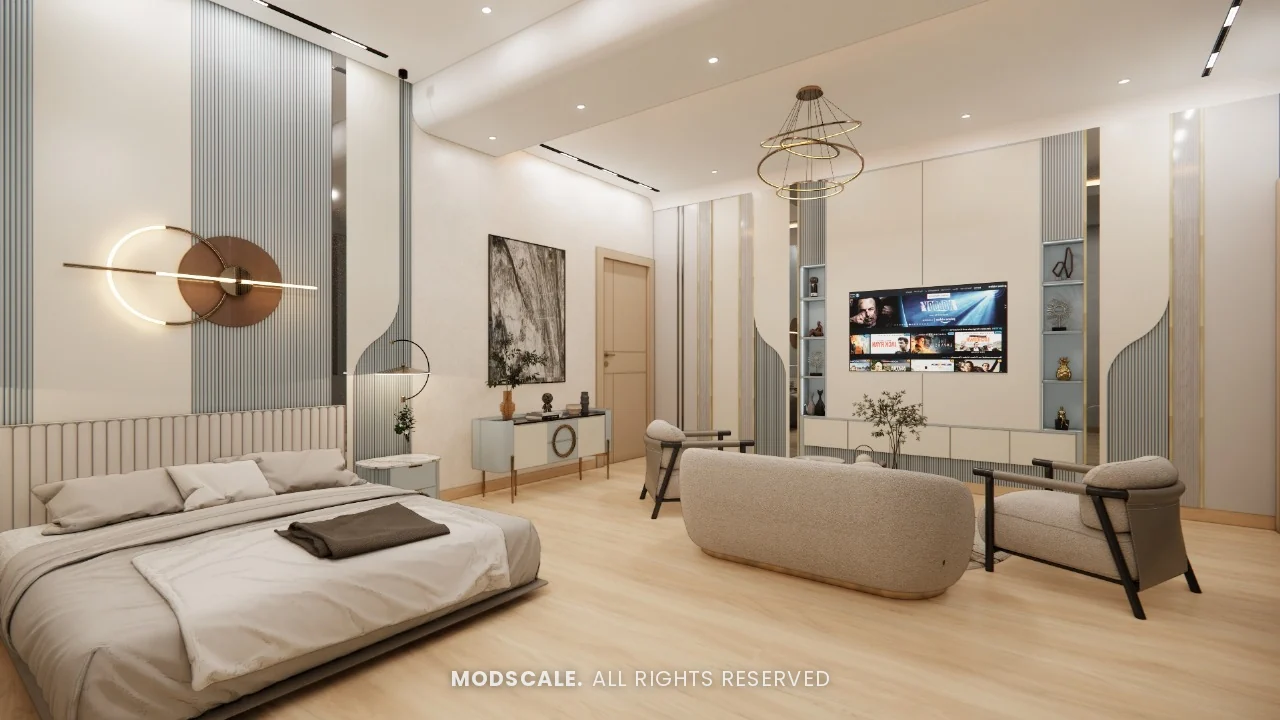 Bedroom with grey upholstered bed, lounge seating and TV wall, Sidhartha Shankar house interior, Kanakapura Road