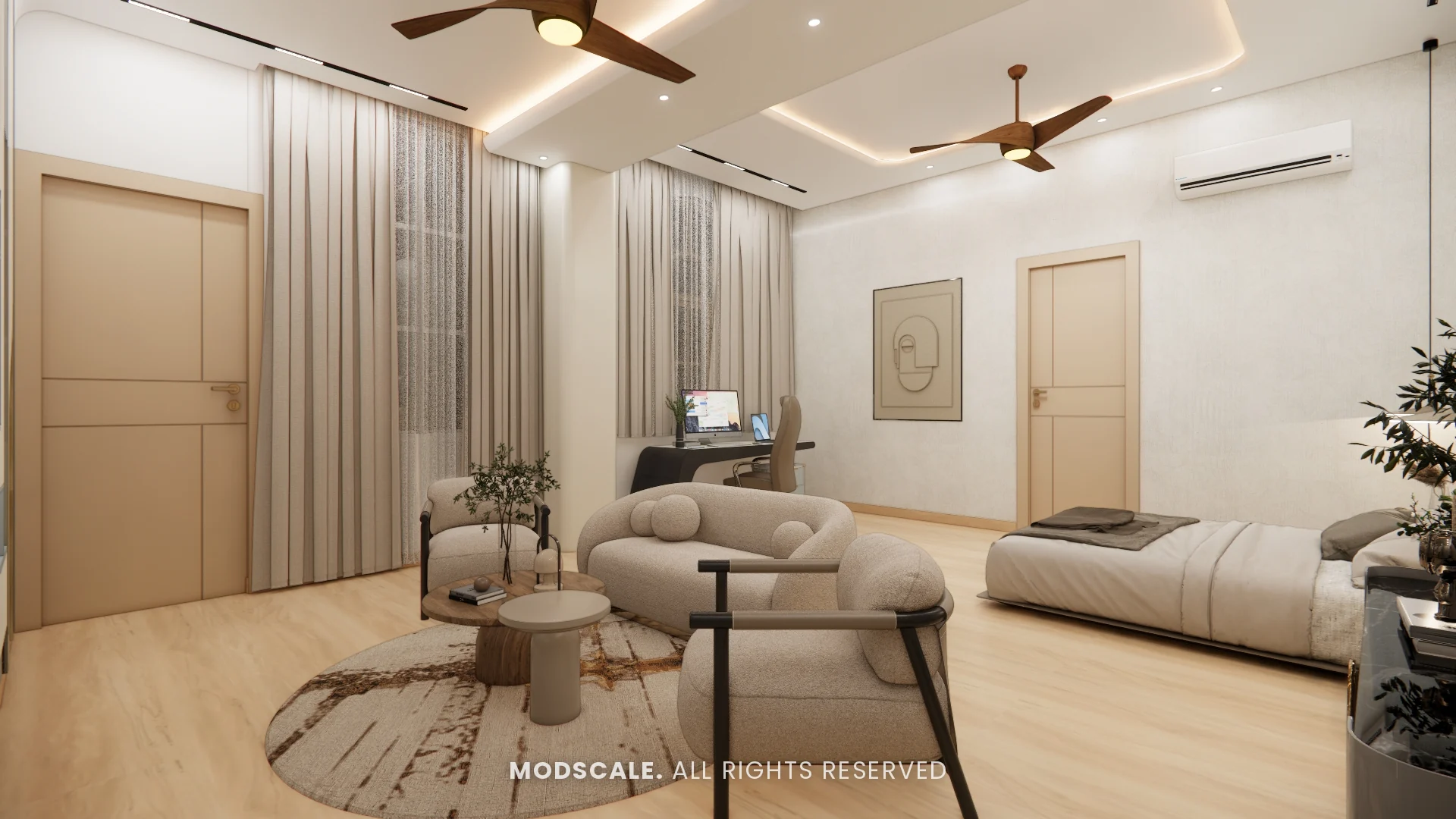 Bedroom seating area with full-height sheer curtains, Sidhartha Shankar house interior, Kanakapura Road