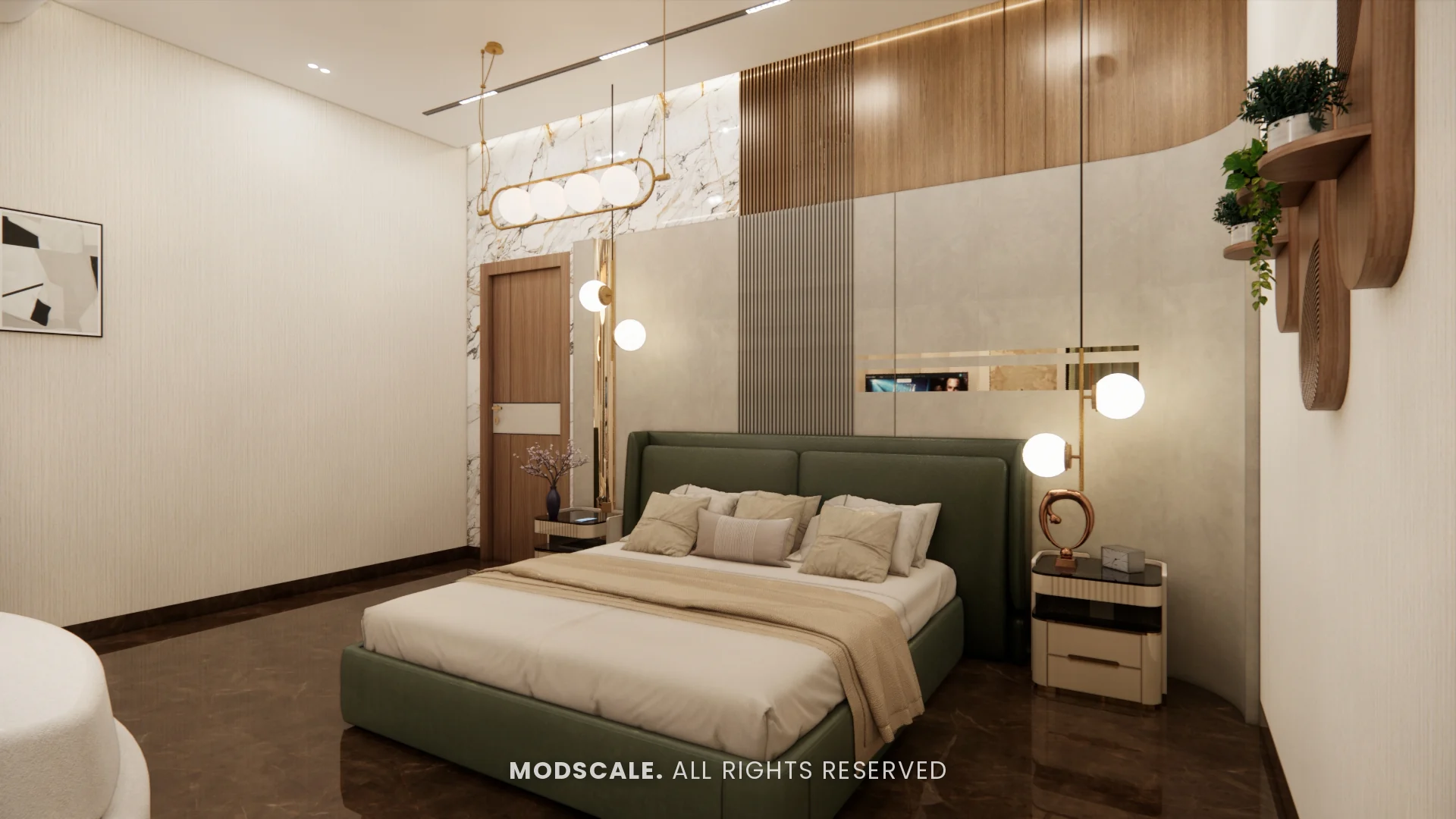 Bedroom with green upholstered bed and wood-and-stone headboard wall, Sidhartha Shankar house interior, Kanakapura Road