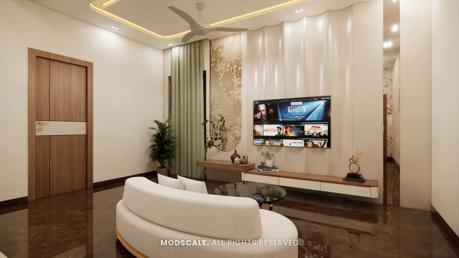 Bedroom TV wall with floral mural and curved white sofa, Sidhartha Shankar house interior, Kanakapura Road