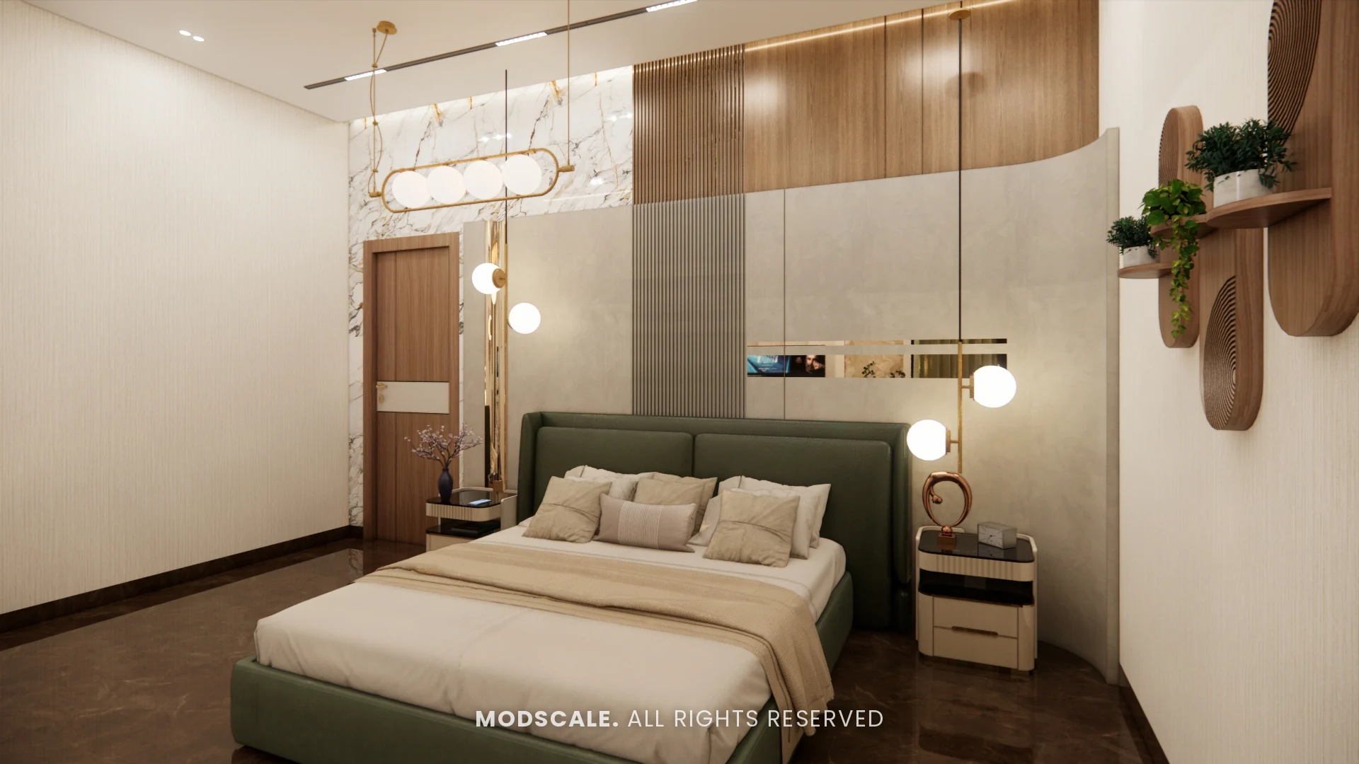 Bedroom with pendant bedside lights and dark wooden flooring, Sidhartha Shankar house interior, Kanakapura Road