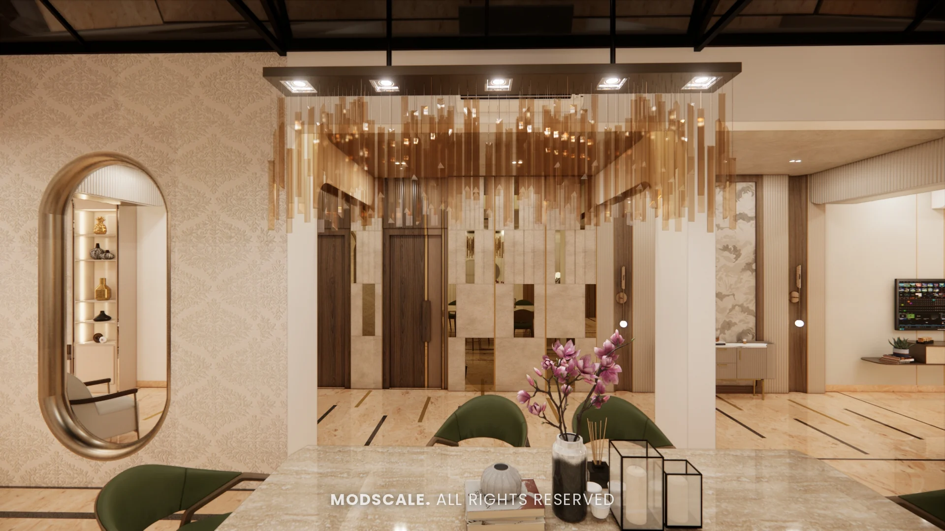 Dining area with oval mirror and geometric panelled wall, Sidhartha Shankar house interior, Kanakapura Road