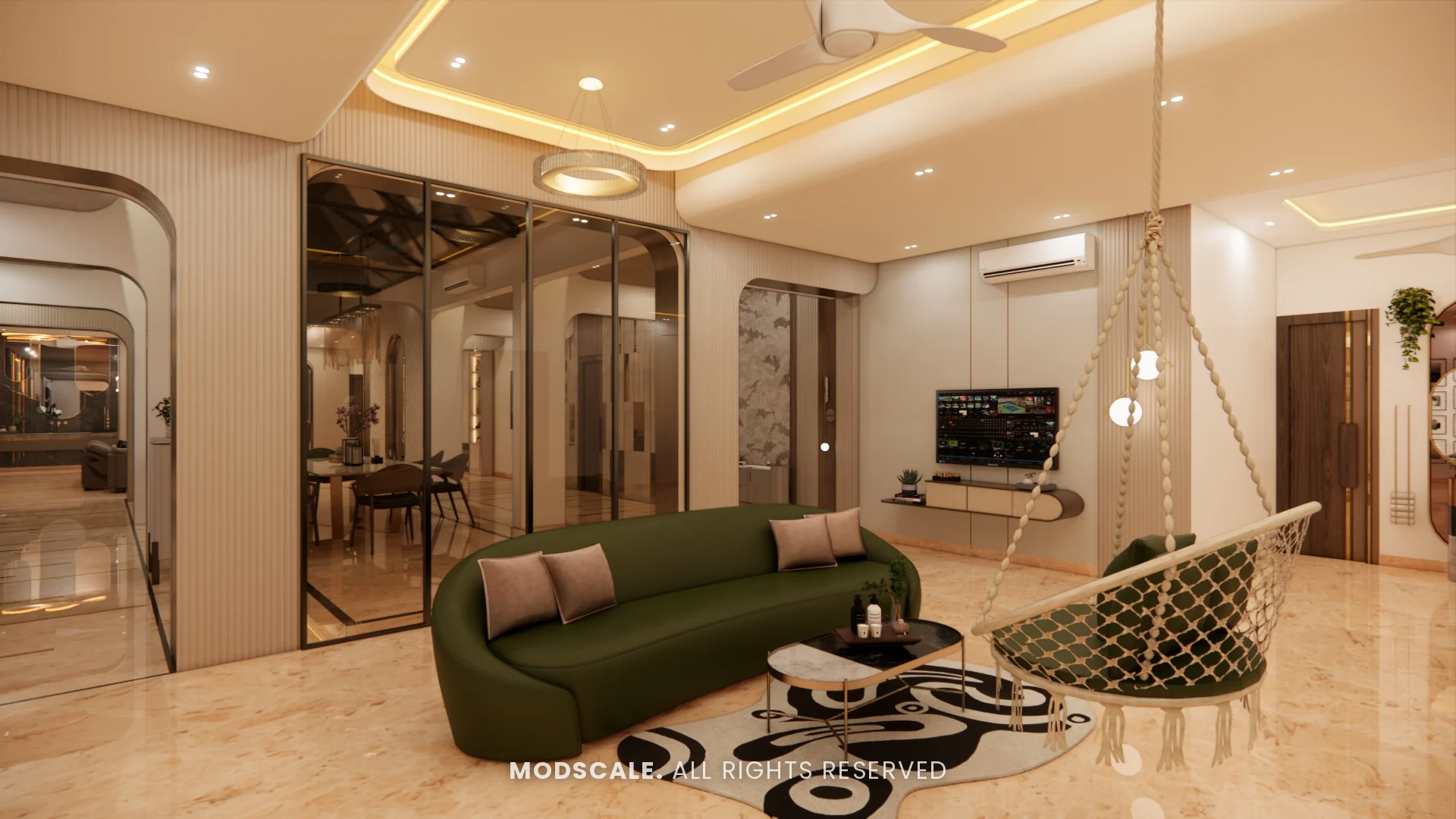 Family lounge with curved green sofa, hanging swing chair and TV wall, Sidhartha Shankar house interior, Kanakapura Road