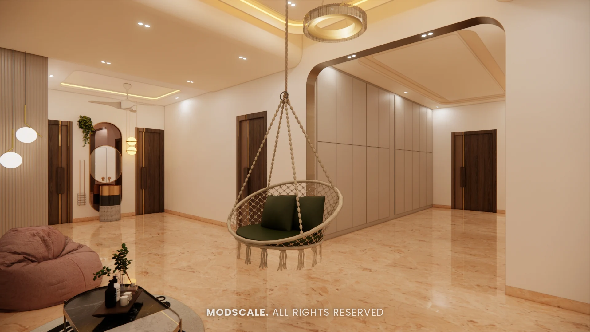 Hanging cane swing chair in the family lounge, Sidhartha Shankar house interior, Kanakapura Road