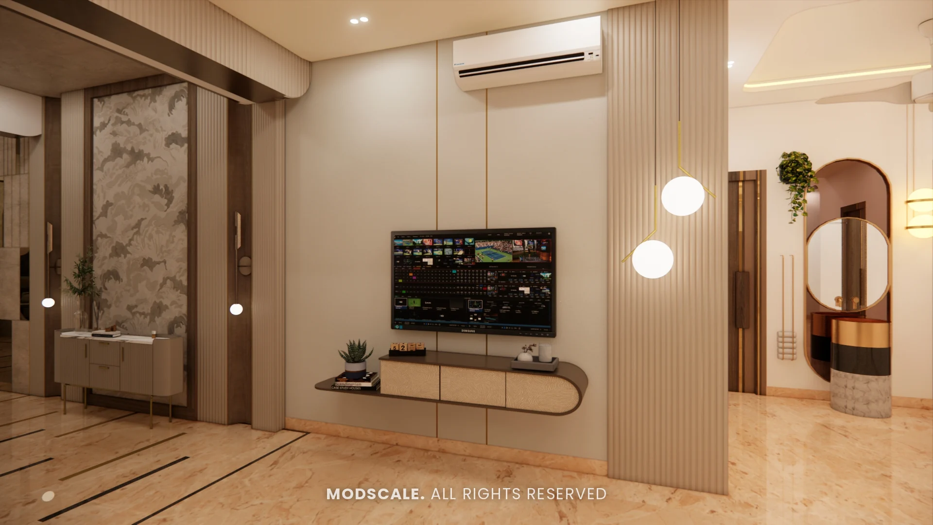 Family lounge TV wall with marble panel and globe pendant lights, Sidhartha Shankar house interior, Kanakapura Road