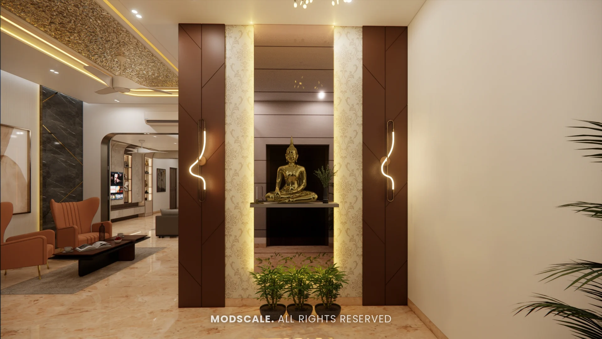 Foyer with backlit Buddha niche, fluted wall panels and marble flooring, Sidhartha Shankar house interior, Kanakapura Road
