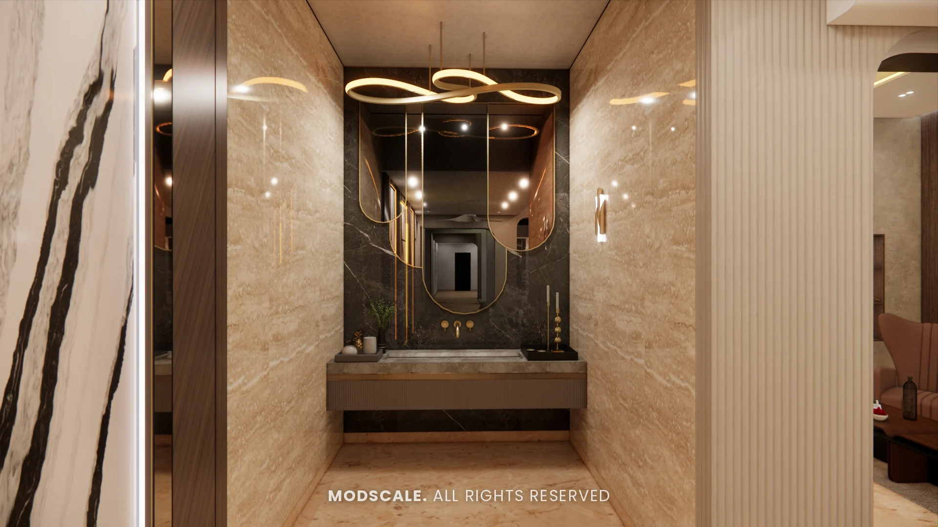 Foyer console wall in veined marble with pendant lights and dark mirror, Sidhartha Shankar house interior, Kanakapura Road