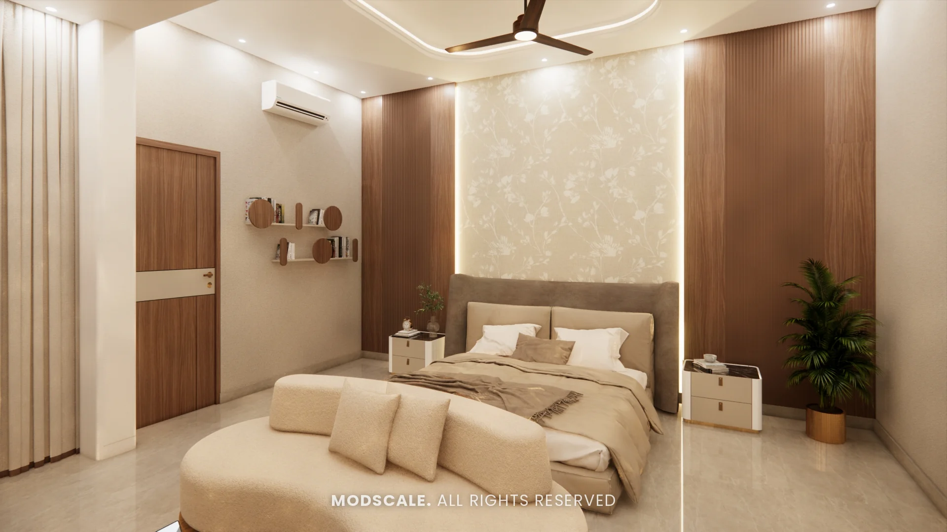 Guest bedroom with patterned headboard wall and curved bench, Sidhartha Shankar house interior, Kanakapura Road