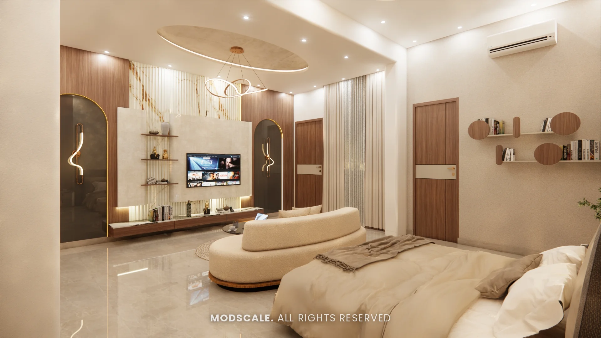 Guest bedroom TV wall with arched panels and wall shelves, Sidhartha Shankar house interior, Kanakapura Road