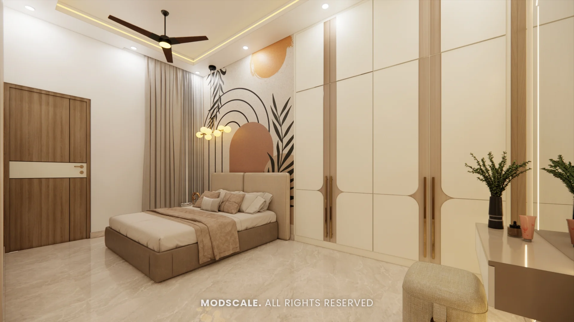 Guest bedroom with terracotta arch mural and cream wardrobes, Sidhartha Shankar house interior, Kanakapura Road