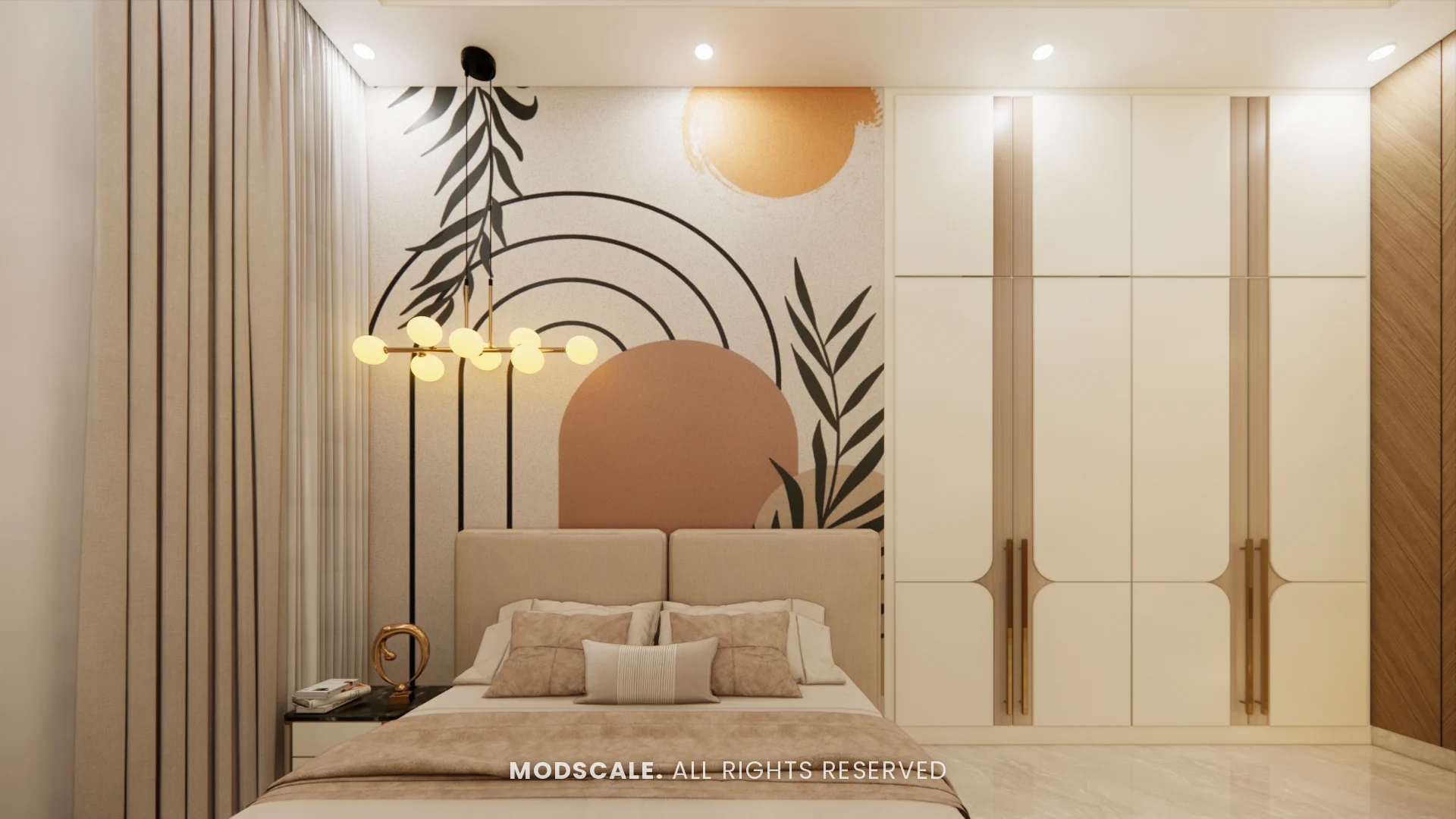 Guest bedroom headboard wall with sun-arch mural and pendant lights, Sidhartha Shankar house interior, Kanakapura Road