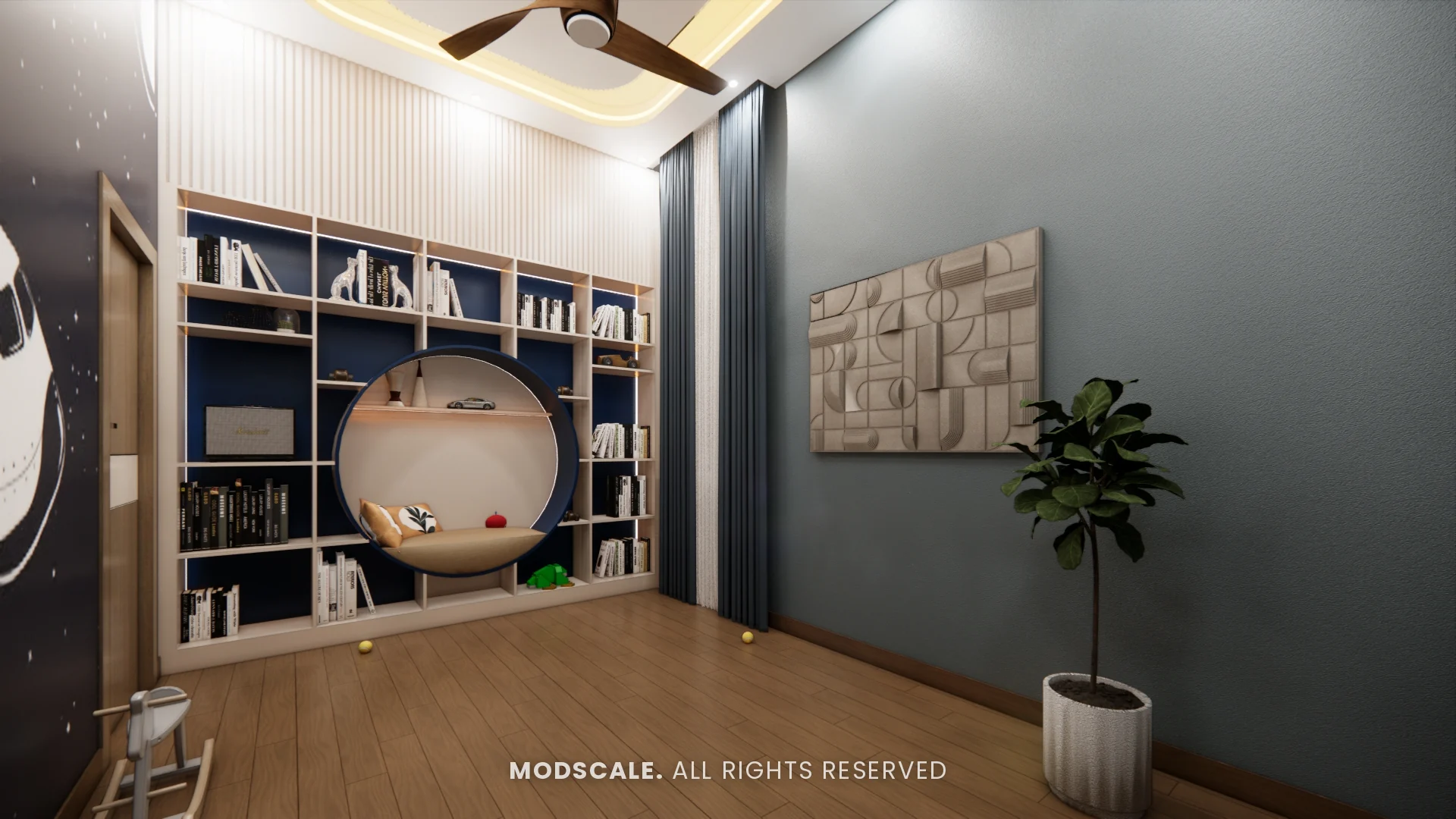 Children’s study room with circular reading nook and space-themed mural, Sidhartha Shankar house interior, Kanakapura Road