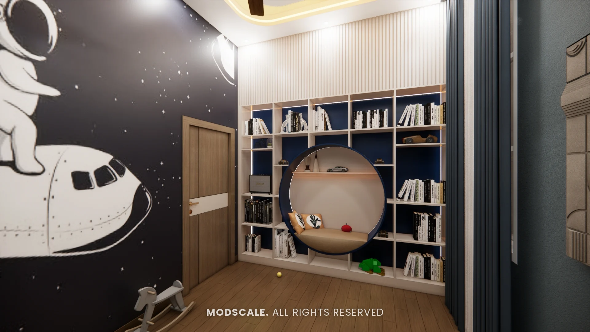 Reading nook set into a bookshelf wall with astronaut mural, Sidhartha Shankar house interior, Kanakapura Road