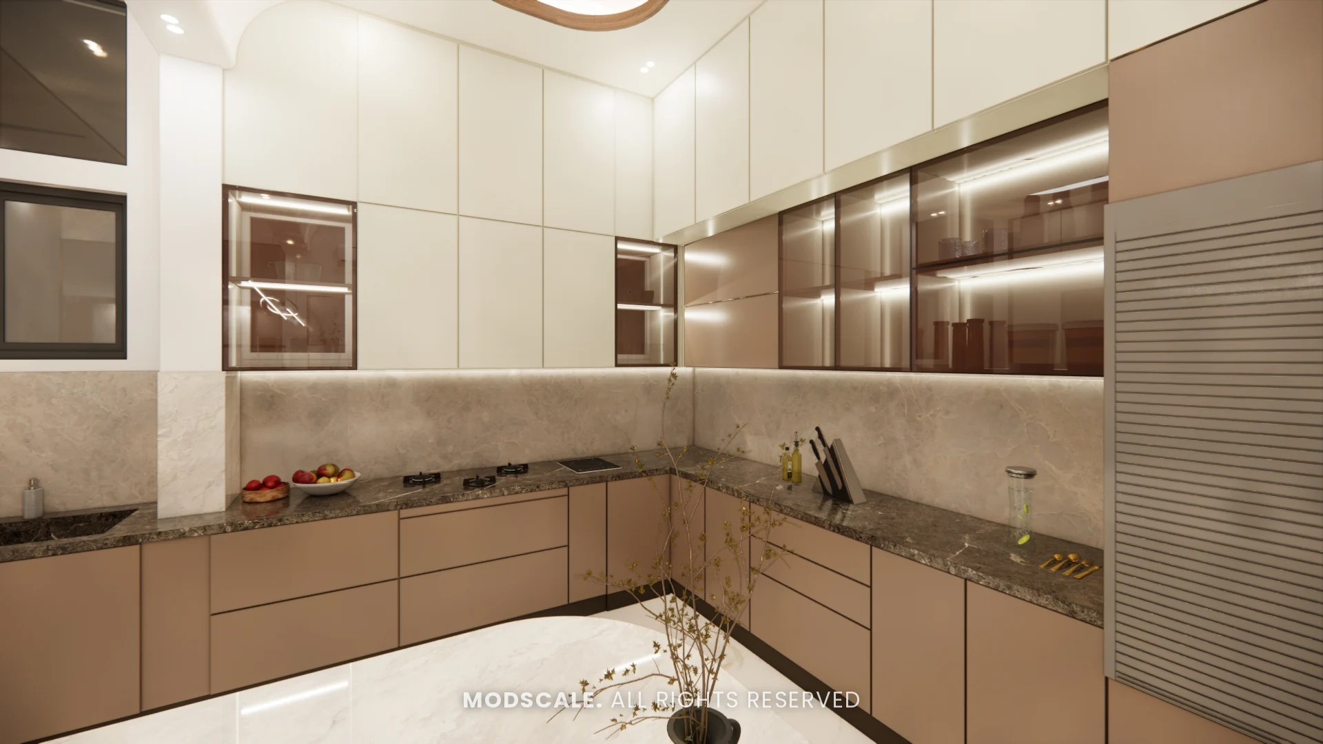 L-shaped kitchen counter with backlit glass wall cabinets, Sidhartha Shankar house interior, Kanakapura Road