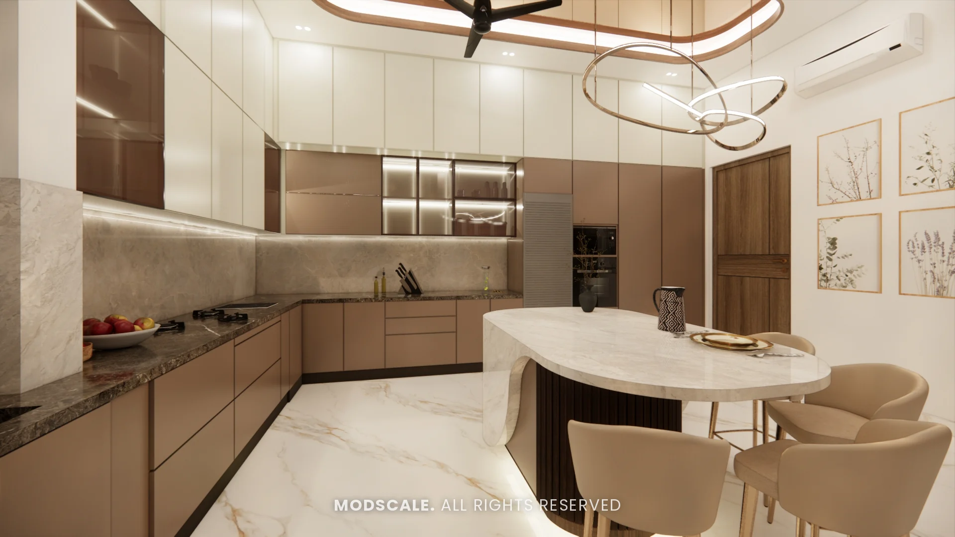 Kitchen island with cream chairs and built-in oven tower in taupe finish, Sidhartha Shankar house interior, Kanakapura Road