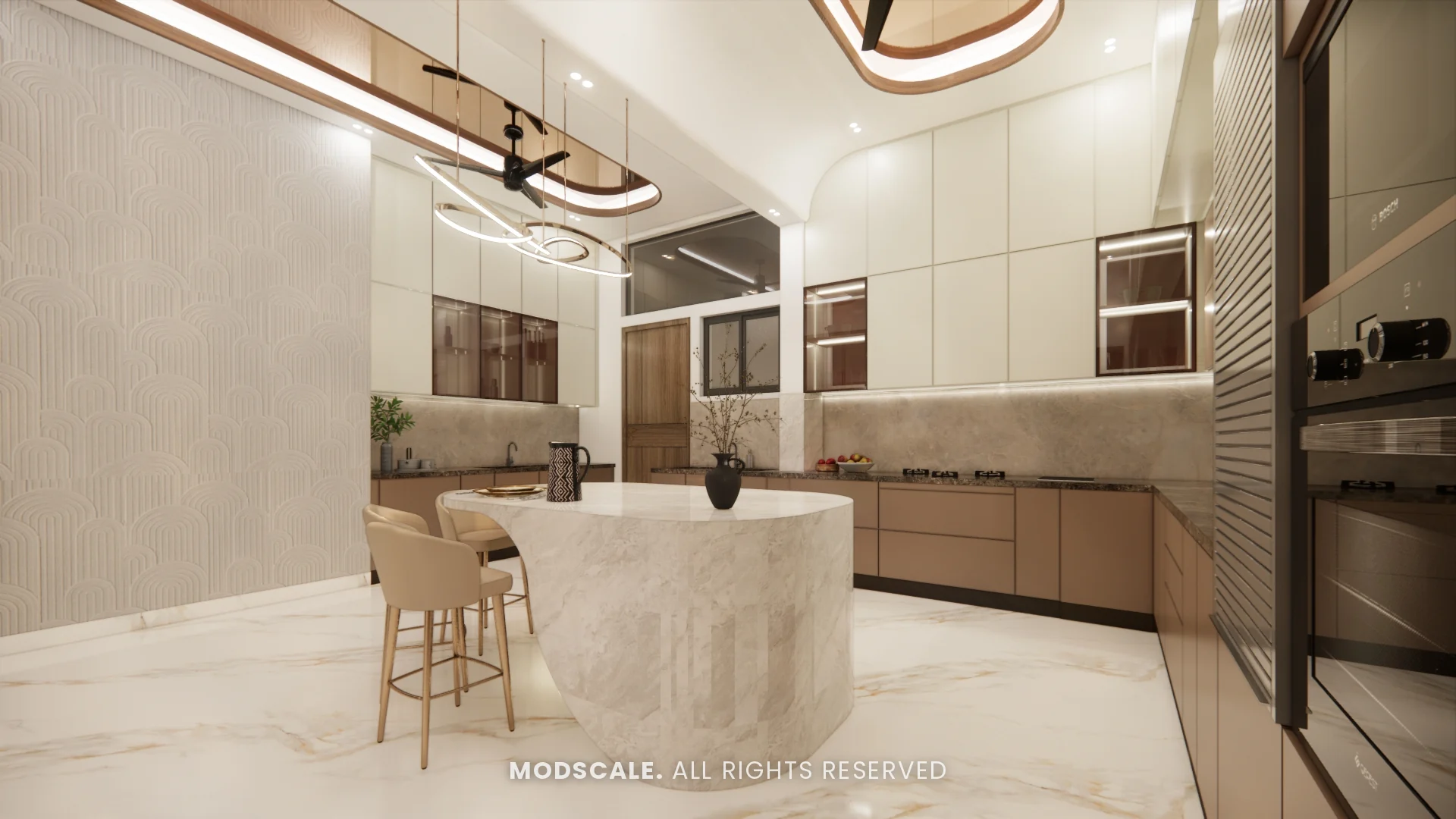 Fluted stone kitchen island with bar stools, Sidhartha Shankar house interior, Kanakapura Road