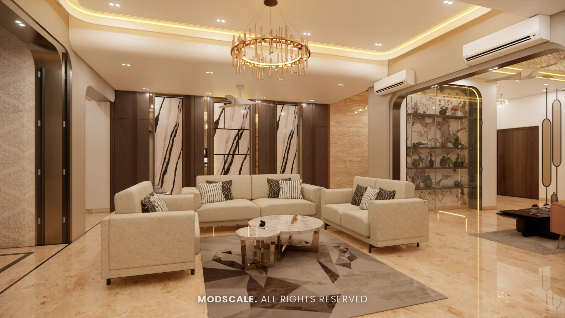 Formal living room with cream sofas, crystal chandelier and marble-panelled feature wall, Sidhartha Shankar house interior, Kanakapura Road