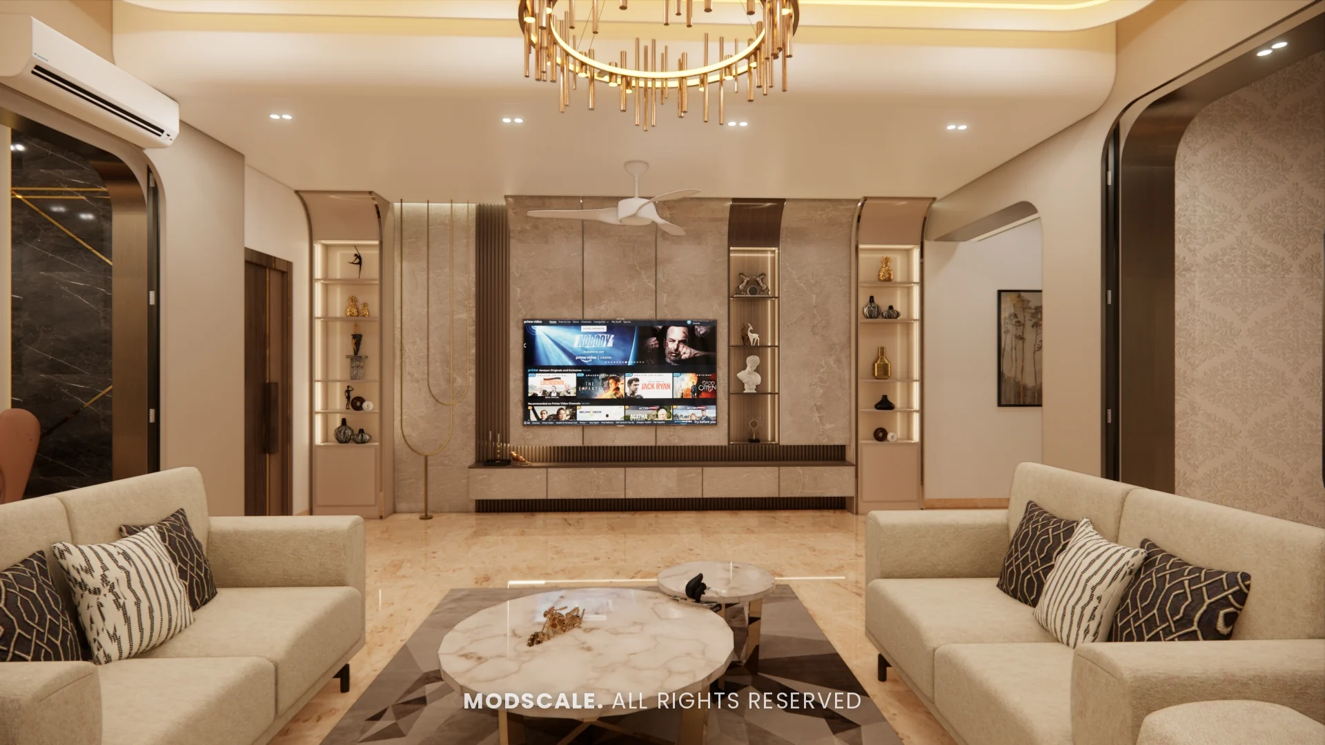 Living room TV wall with floating console and backlit display niches, Sidhartha Shankar house interior, Kanakapura Road