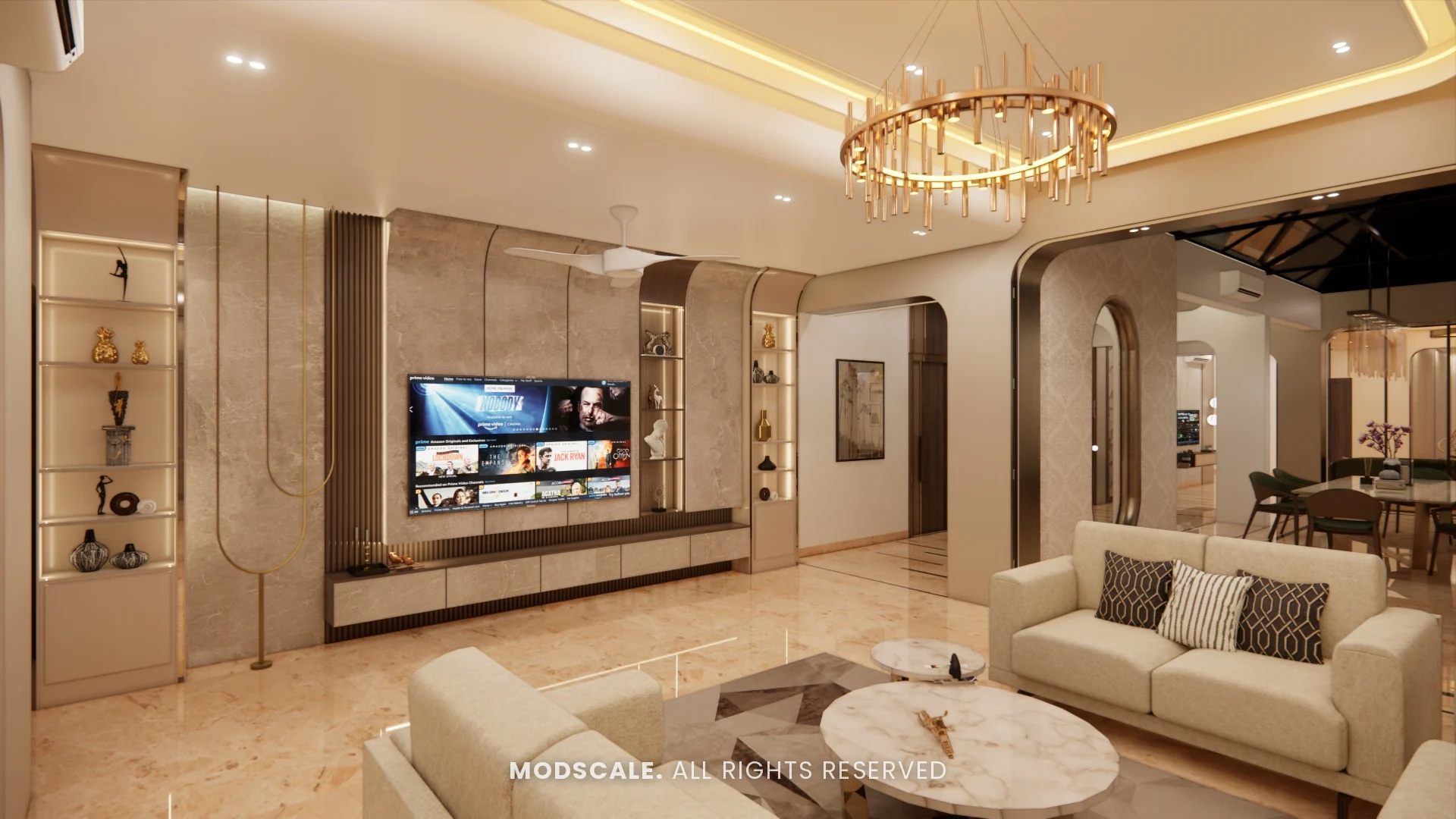 Wide view of the living room with cove-lit ceiling and TV unit, Sidhartha Shankar house interior, Kanakapura Road