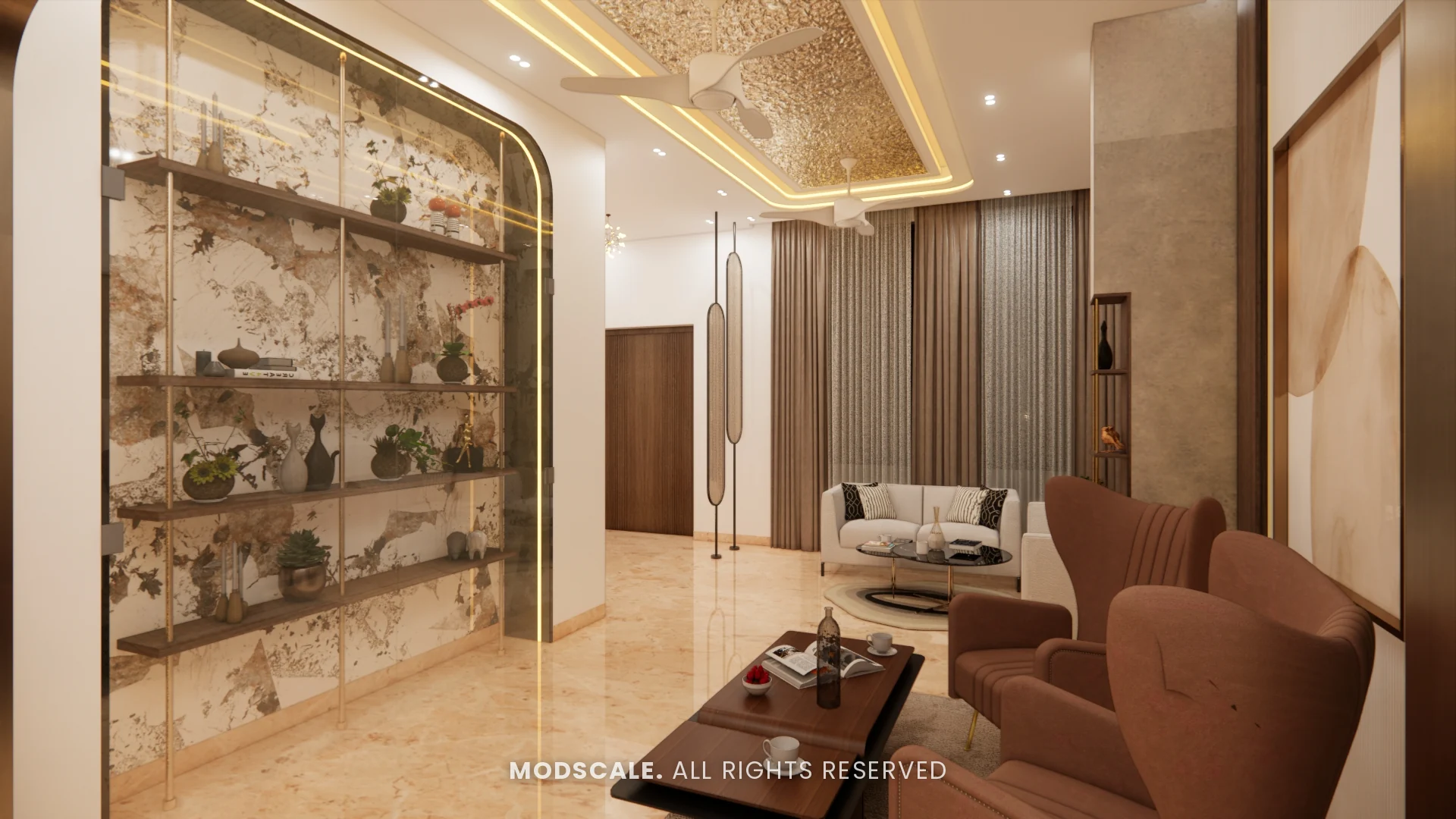Glass display partition with backlit shelves beside the living room, Sidhartha Shankar house interior, Kanakapura Road