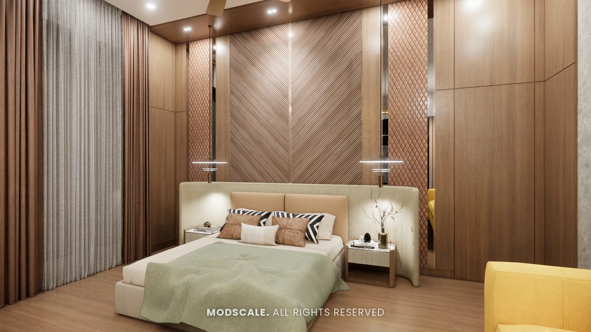 Master bedroom with chevron wood headboard wall and upholstered bed, Sidhartha Shankar house interior, Kanakapura Road