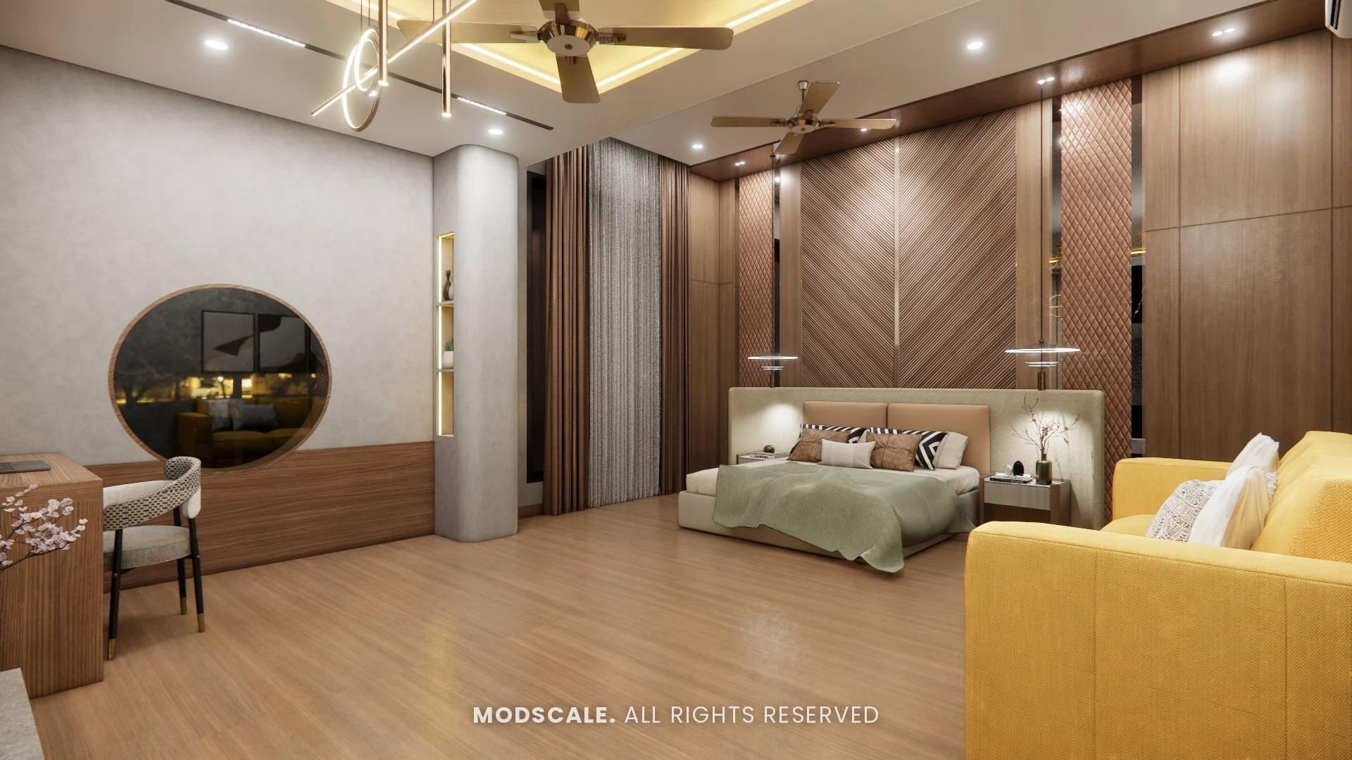 Master bedroom with yellow sofa, study desk and round window, Sidhartha Shankar house interior, Kanakapura Road