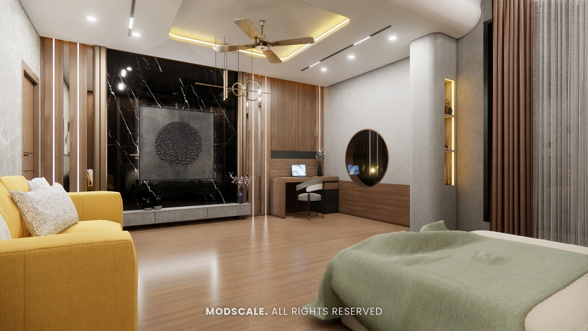 Master bedroom TV wall in black marble with carved round panel, Sidhartha Shankar house interior, Kanakapura Road