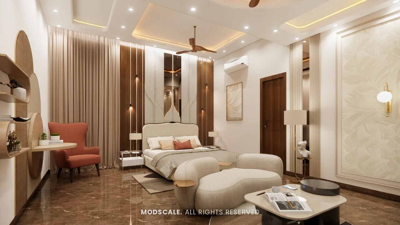 Parents bedroom with upholstered bed, coral armchair and cream lounge seating, Sidhartha Shankar house interior, Kanakapura Road