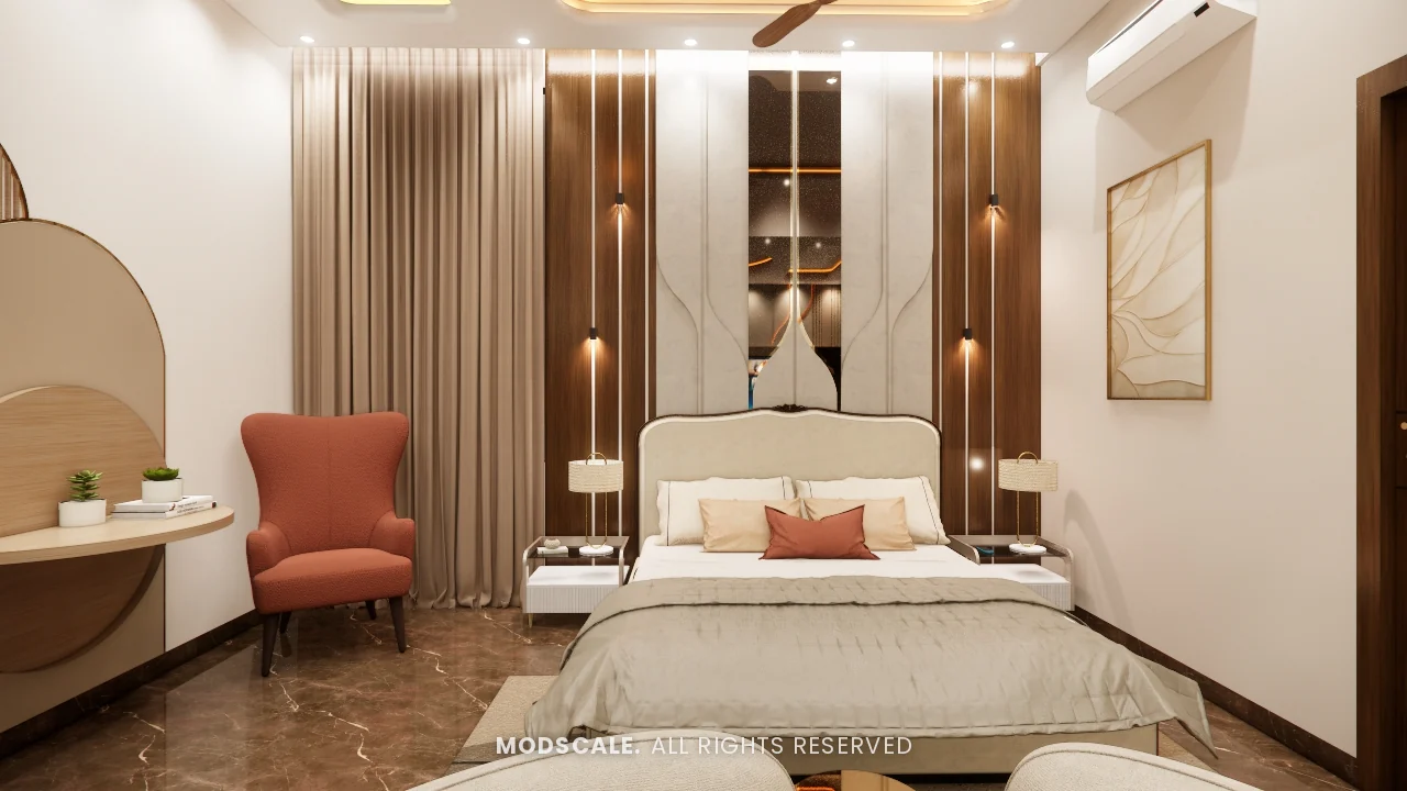 Parents bedroom headboard wall with fluted wood panels, Sidhartha Shankar house interior, Kanakapura Road