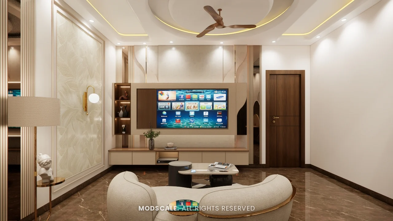 Parents bedroom TV unit with marble-finish wall panel, Sidhartha Shankar house interior, Kanakapura Road