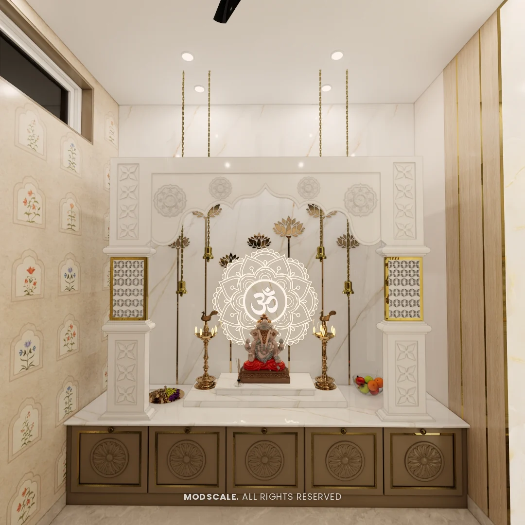 Puja room with carved white mandir, brass lamps and wooden base cabinet, Sidhartha Shankar house interior, Kanakapura Road