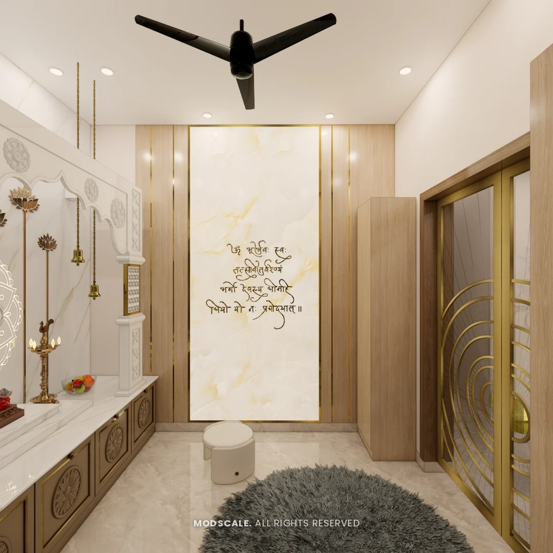 Puja room with hanging brass bells and floor seating, Sidhartha Shankar house interior, Kanakapura Road