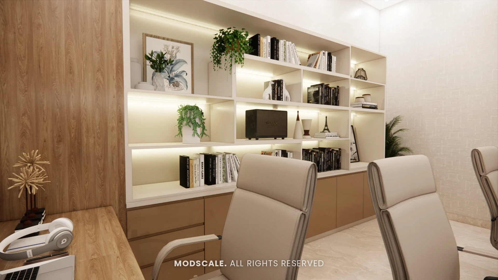 Study bookshelf wall with integrated lighting and storage, Sidhartha Shankar house interior, Kanakapura Road