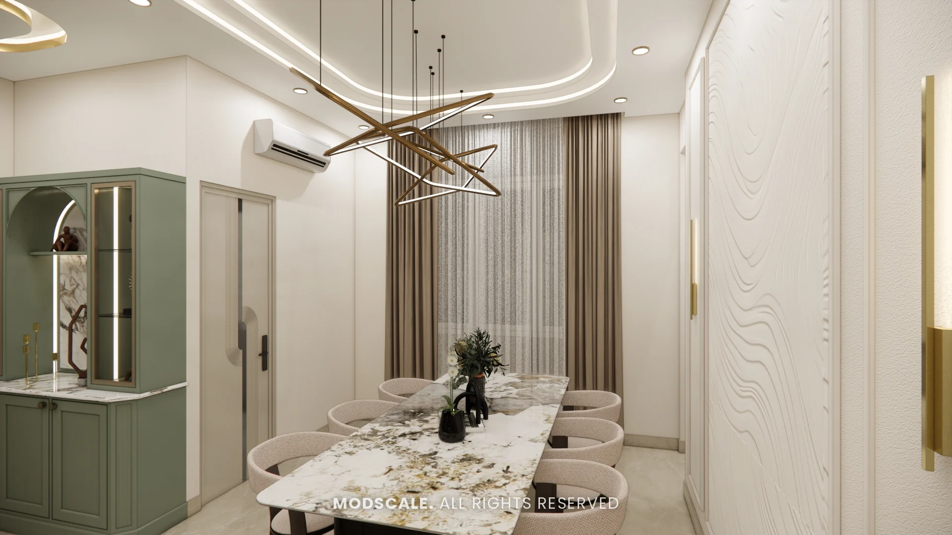 Marble-top dining table under a sculptural chandelier with sage green crockery unit and wave-pattern wall panel, Sugam’s villa interior at The Lake View Address, Electronic City