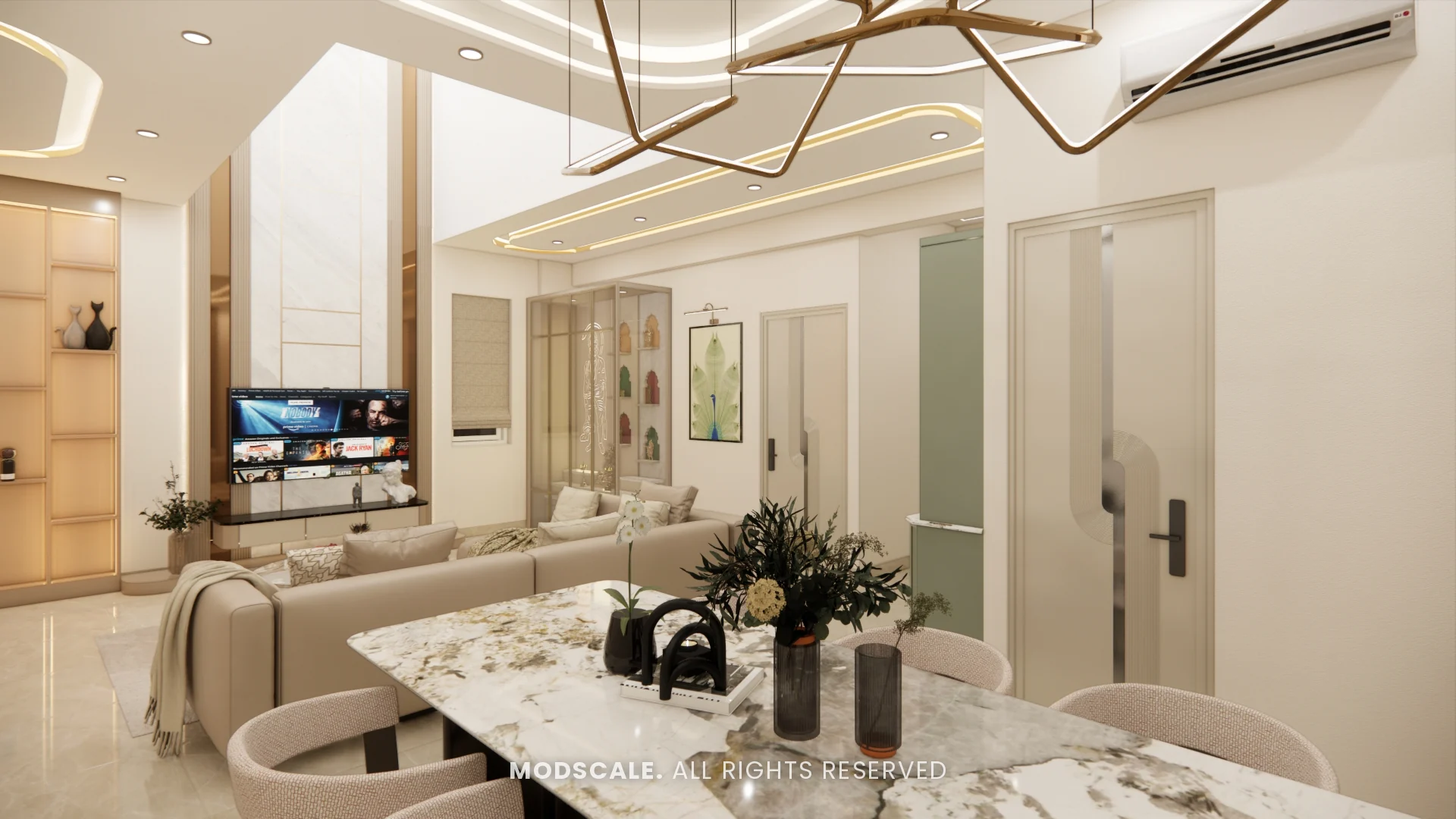 Dining table looking across the living room to the TV wall, Sugam’s villa interior at The Lake View Address, Electronic City