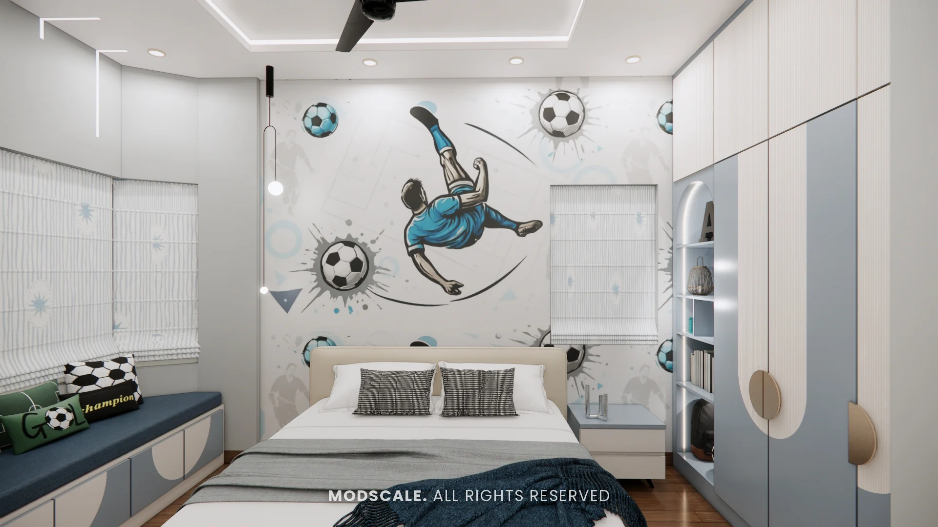 Kids bedroom with football mural, bay window seat and blue and white wardrobe, Sugam’s villa interior at The Lake View Address, Electronic City