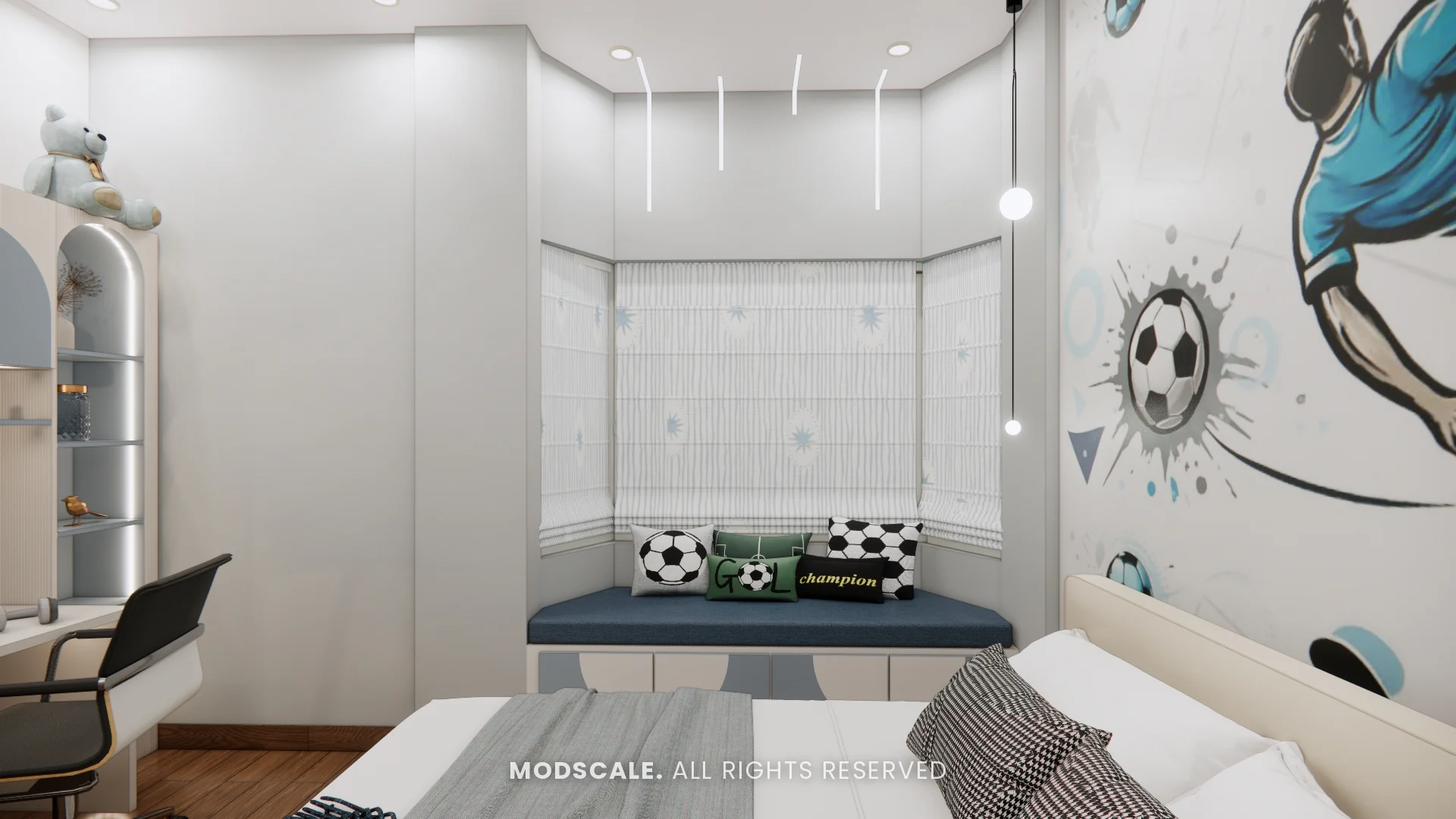 Bay window seat with storage and football cushions, Sugam’s villa interior at The Lake View Address, Electronic City