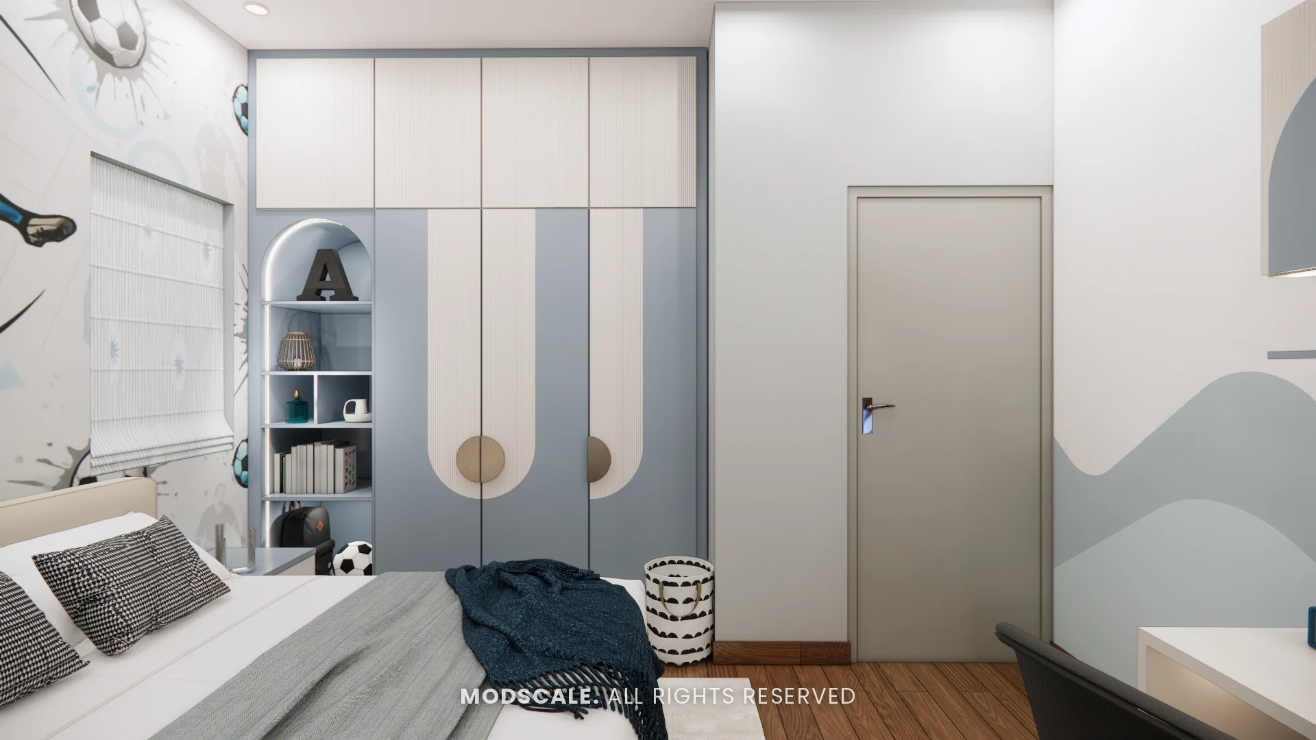 Blue and white wardrobe with curved shutter design and arched display shelf, Sugam’s villa interior at The Lake View Address, Electronic City