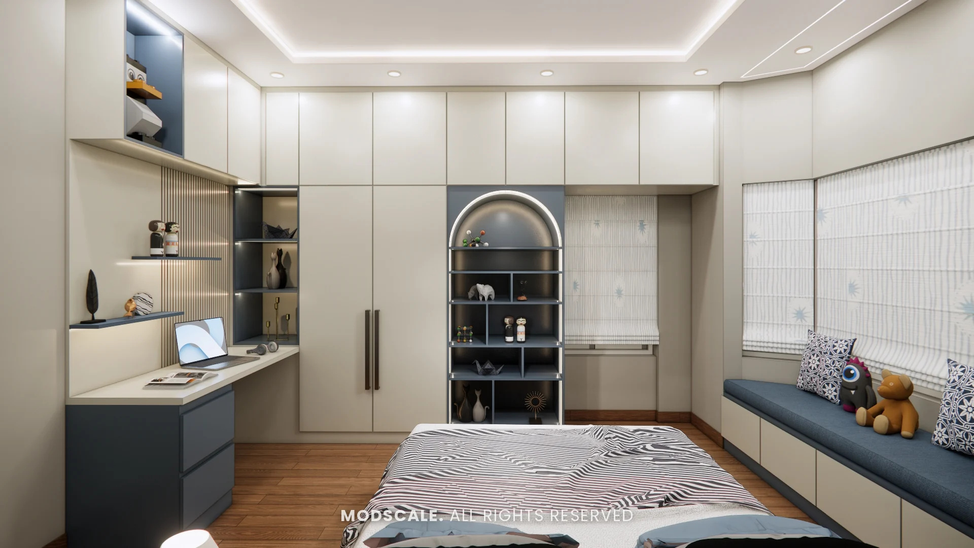 Kids bedroom with study desk, cream wardrobes, arched display shelf and window seat, Sugam’s villa interior at The Lake View Address, Electronic City