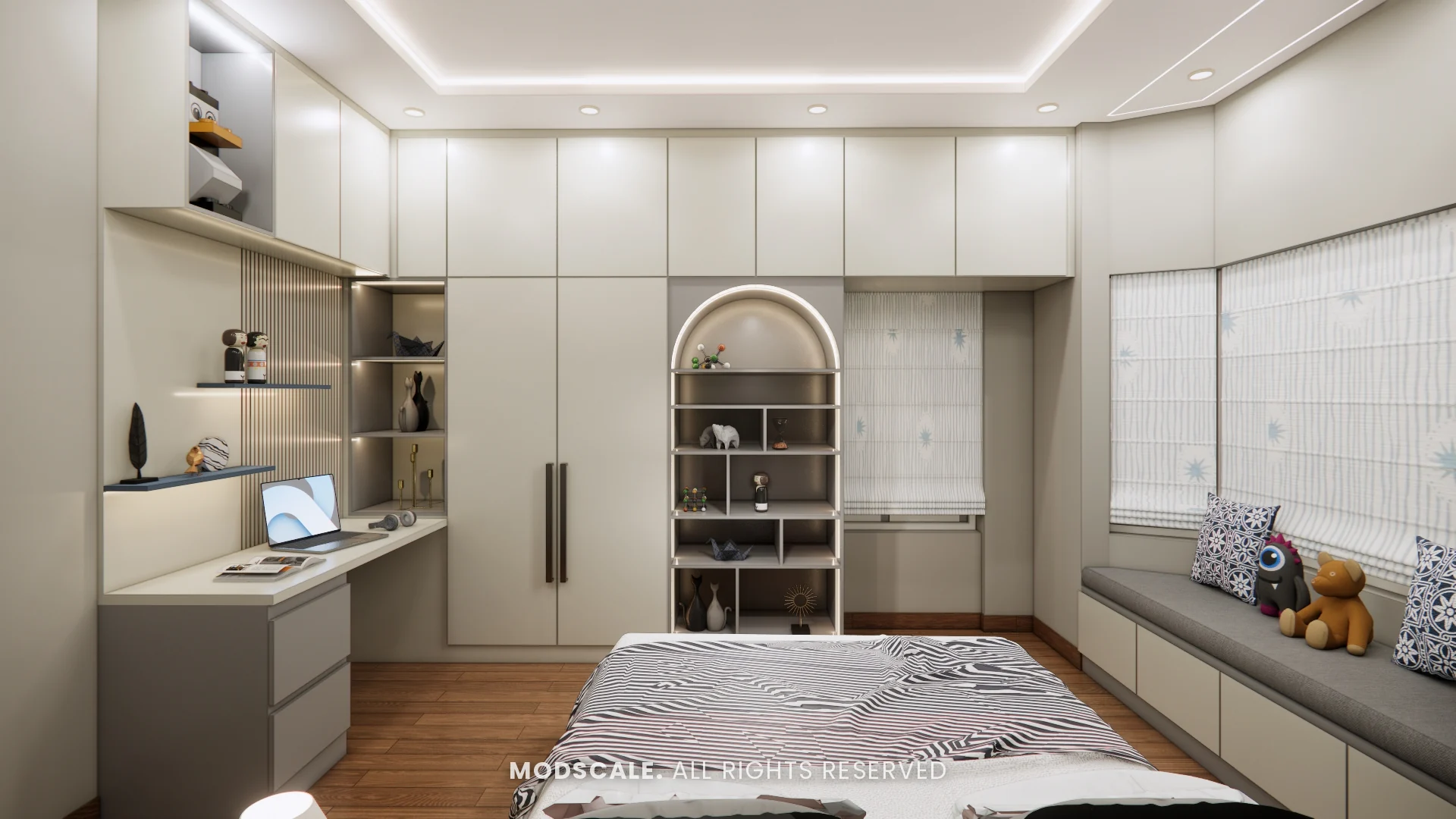 Second colour option for the kids bedroom in grey with the same study and wardrobe wall, Sugam’s villa interior at The Lake View Address, Electronic City